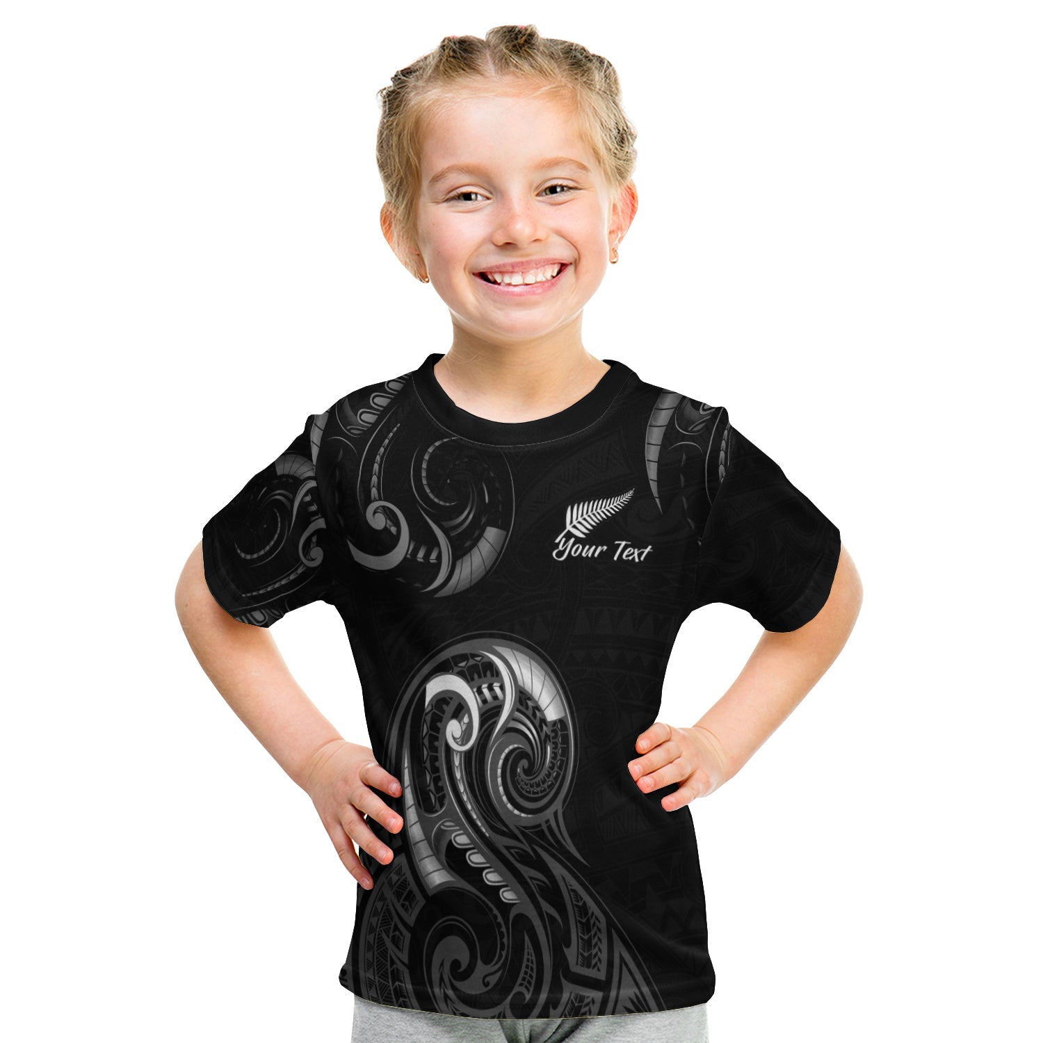 (Custom Personalised) Aotearoa Fern T shirt KID Maori Pattern Version Black - Vibe Hoodie Shop