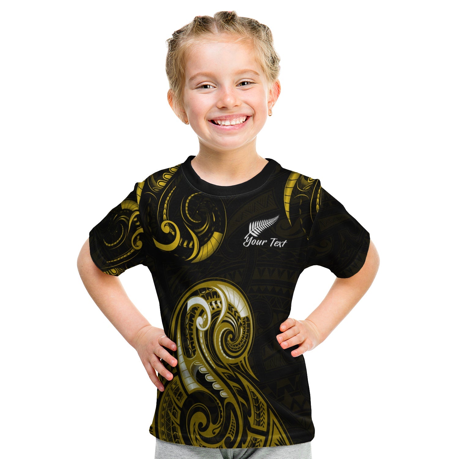 (Custom Personalised) Aotearoa Fern T shirt KID Maori Pattern Version Gold - Vibe Hoodie Shop