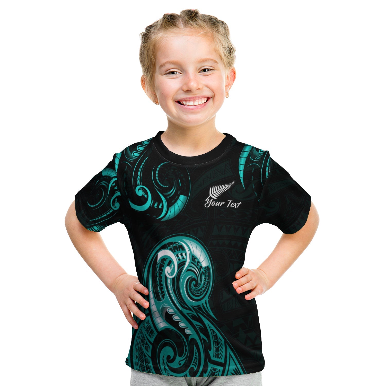 (Custom Personalised) Aotearoa Fern T shirt KID Maori Pattern Version Turquoise - Vibe Hoodie Shop