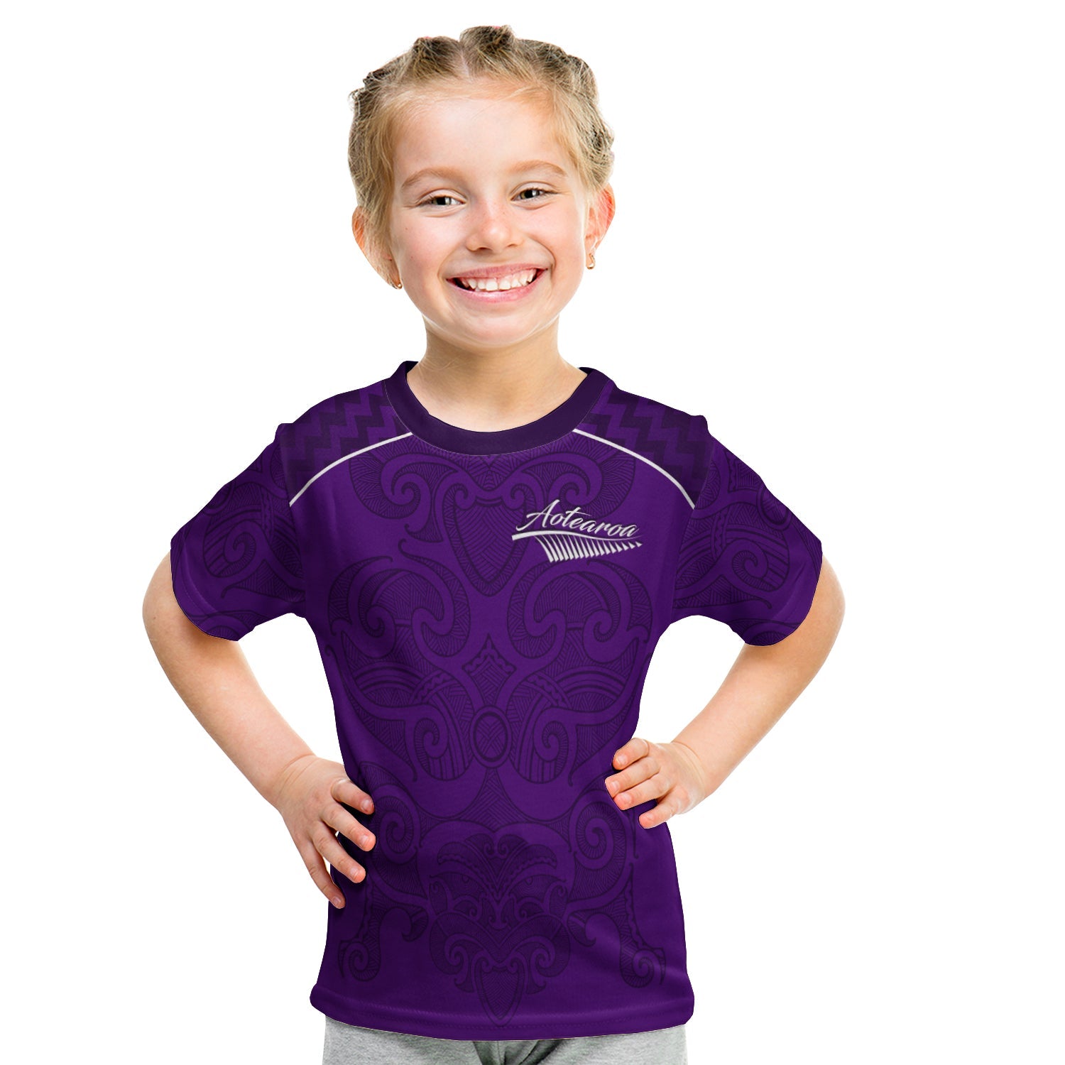 (Custom Personalised) Maori 2021 T shirt KID - Purple Aotearoa Tattoo - Custom Text and Number - Vibe Hoodie Shop