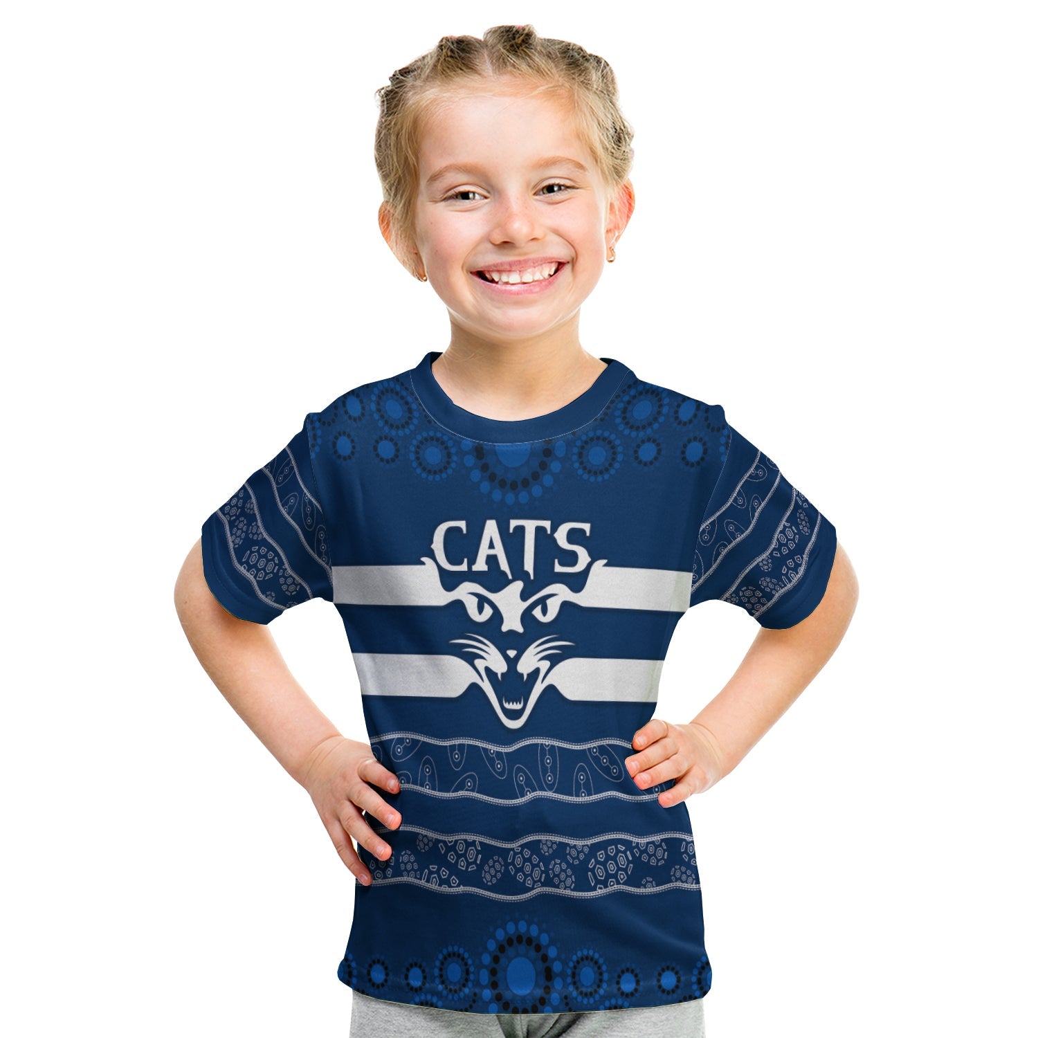 (Custom Personalised) Cats Indigenous T shirt KID Football Geelong - Custom Text and Number - Vibe Hoodie Shop