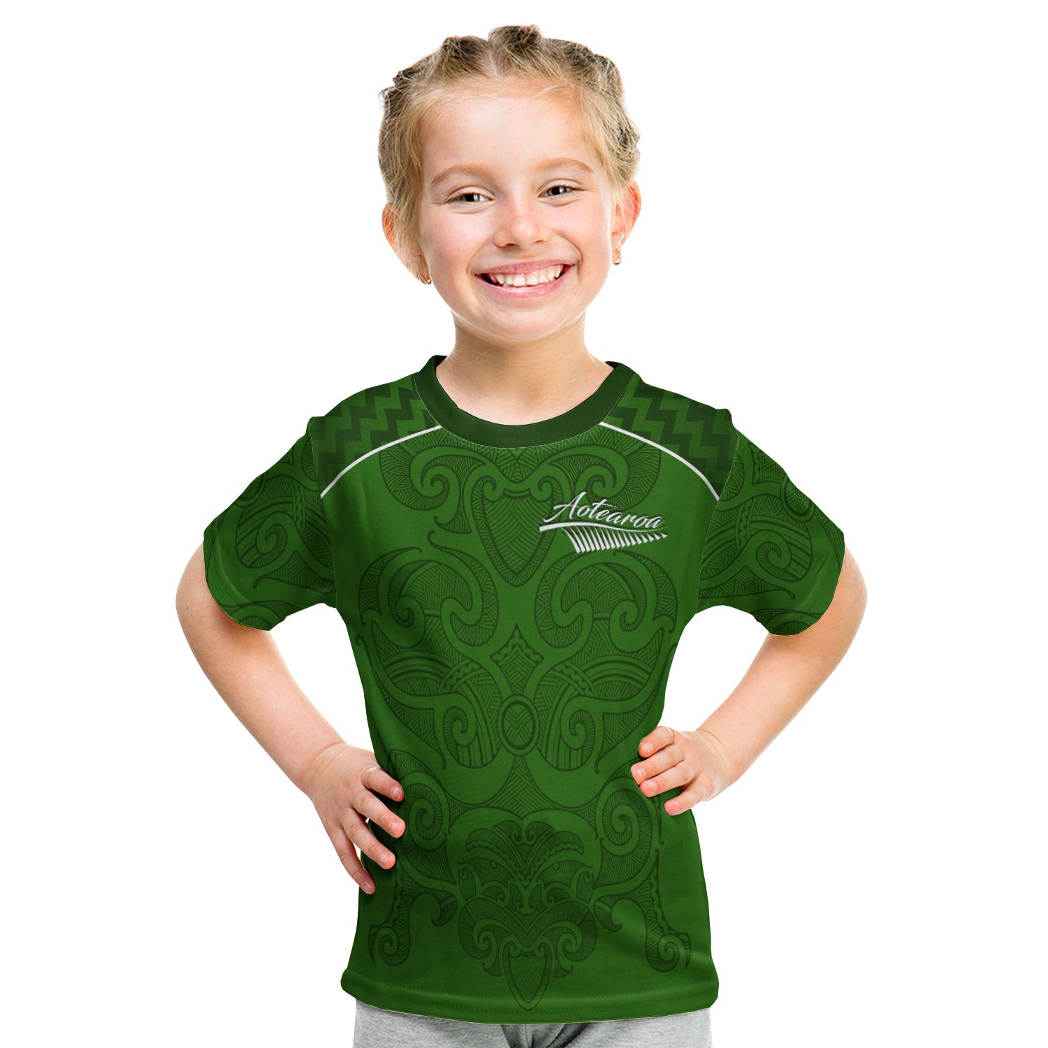 (Custom Personalised) Maori 2021 T shirt KID - Green Aotearoa Tattoo - Custom Text and Number - Vibe Hoodie Shop