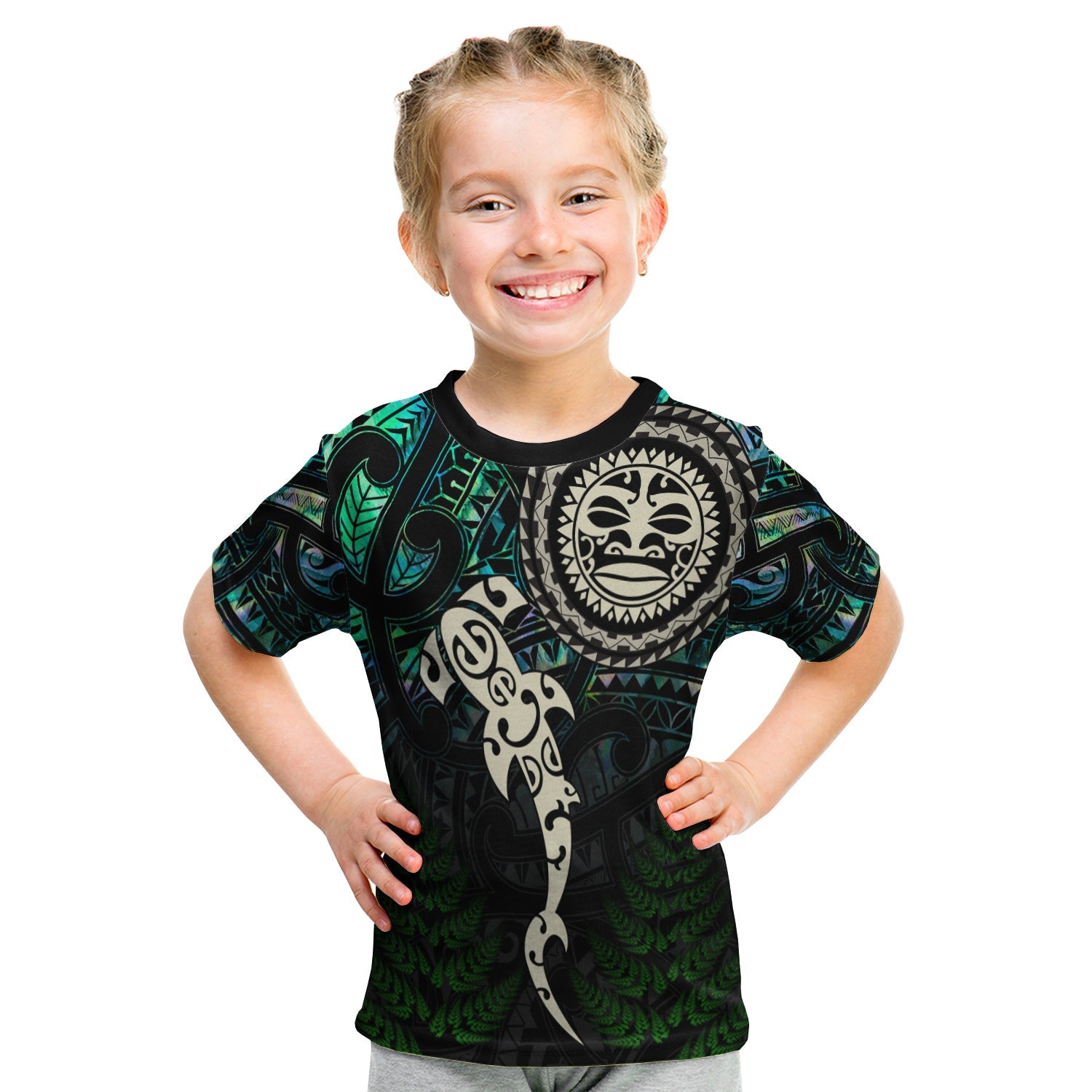 (Custom Personalised) Aotearoa Paua Shell T shirt KID Maori Manaia and Fish - Vibe Hoodie Shop