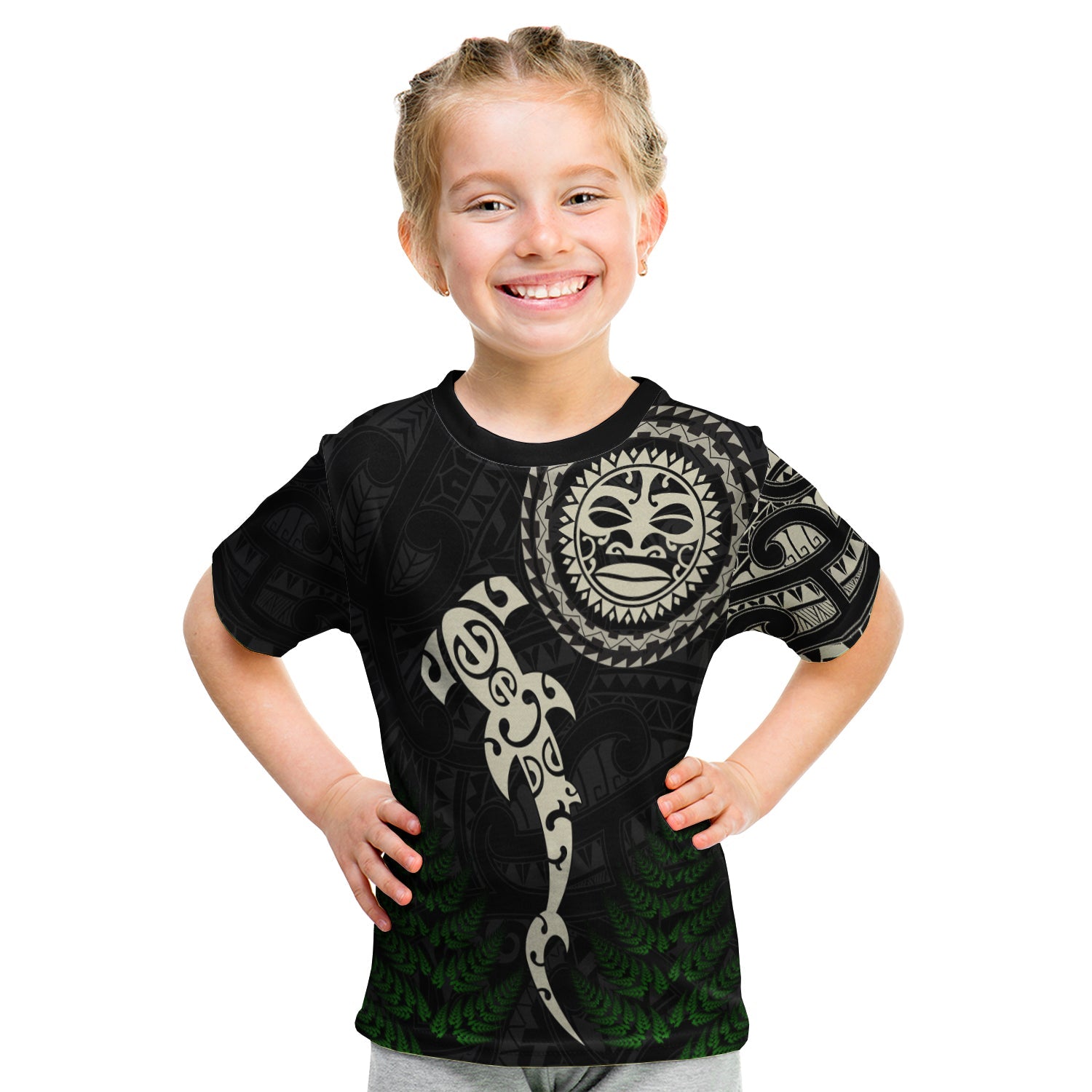 (Custom Personalised) Aotearoa Fern T shirt KID Maori Manaia and Fish - Vibe Hoodie Shop