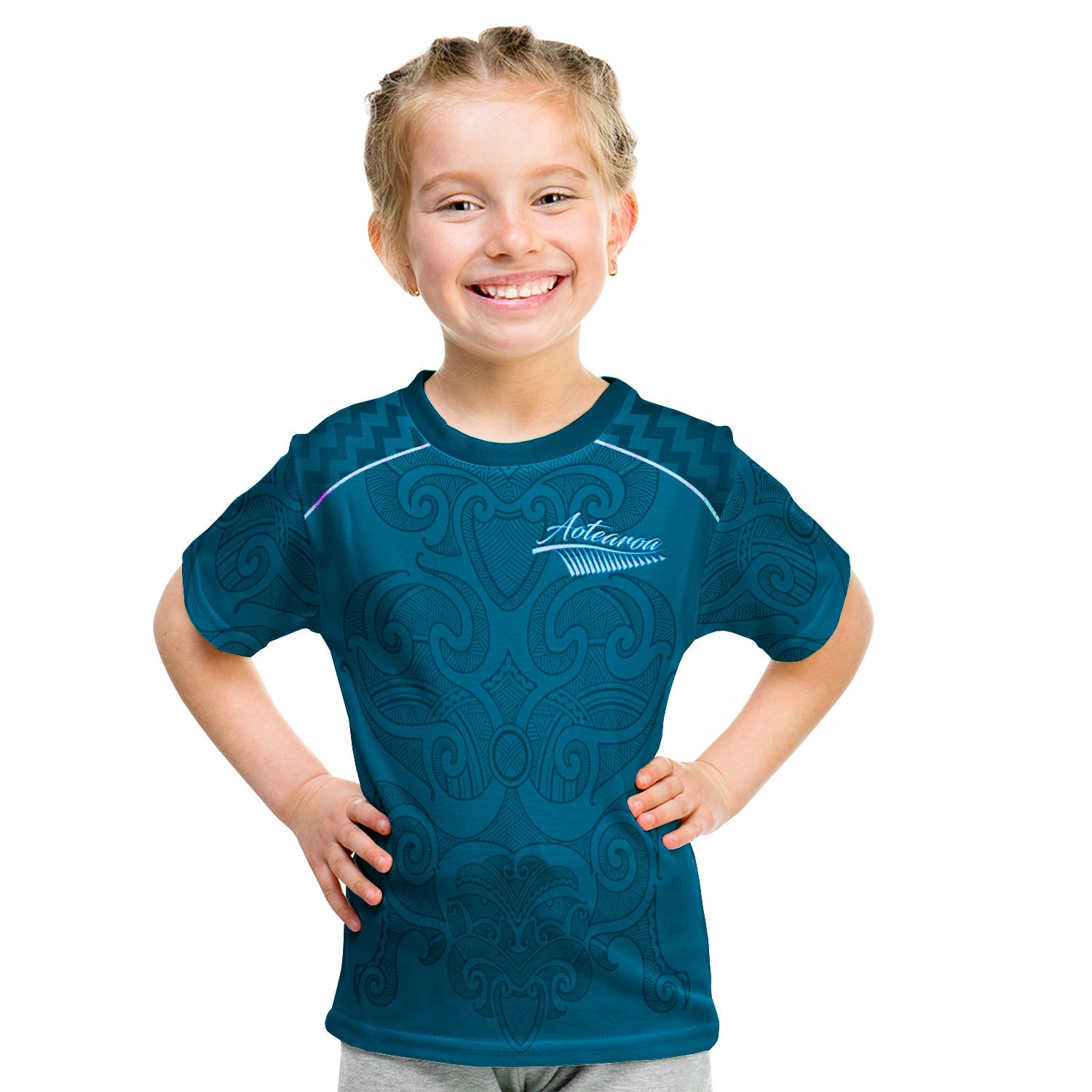 (Custom Personalised) Maori 2021 T shirt KID - Turquoise Aotearoa Tattoo - Custom Text and Number - Vibe Hoodie Shop