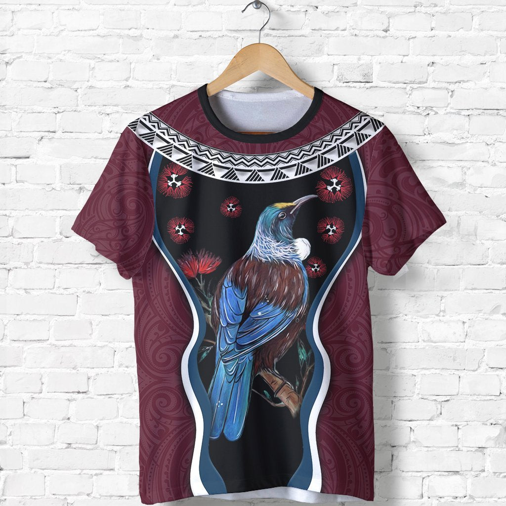 New Zealand Tui Bird T shirt, Pohutukawa - Burgundy - Vibe Hoodie Shop