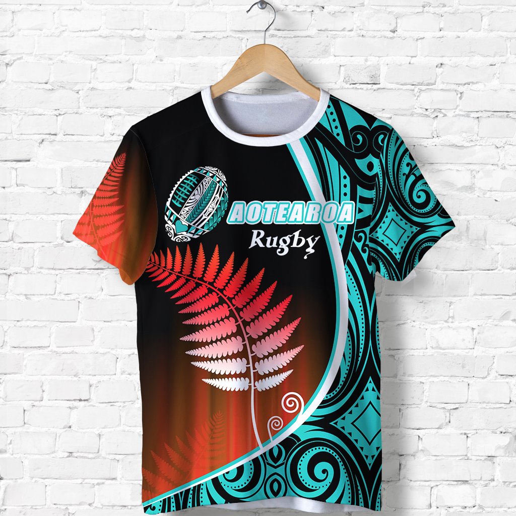 Aotearoa Rugby Black Maori T shirt Kiwi and Silver Fern New Zealand - Blue - Vibe Hoodie Shop