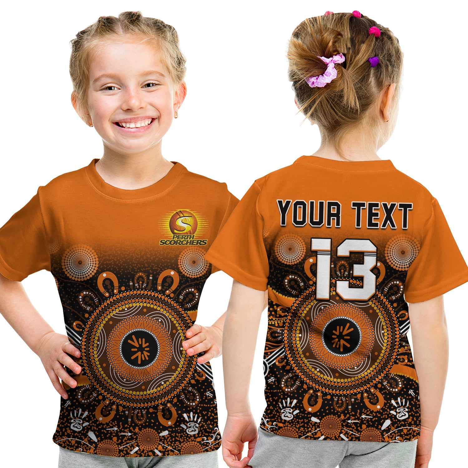 (Custom Text and Number) Perth Scorchers T Shirt KID Aboriginal Sunshine - Vibe Hoodie Shop