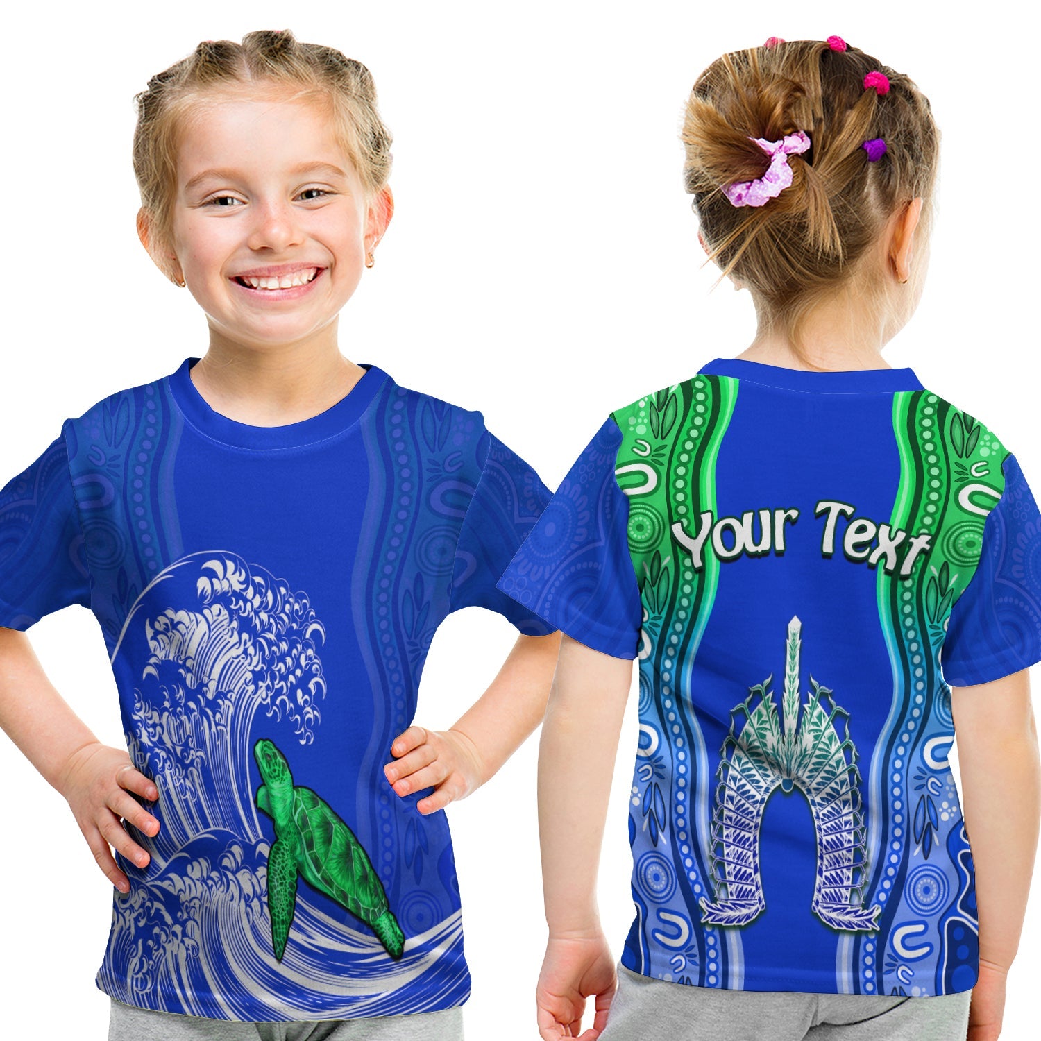 (Custom Personalised) Torres Strait Islands T shirt KID The Dhari Mix Aboriginal Turtle Version Blue - Vibe Hoodie Shop