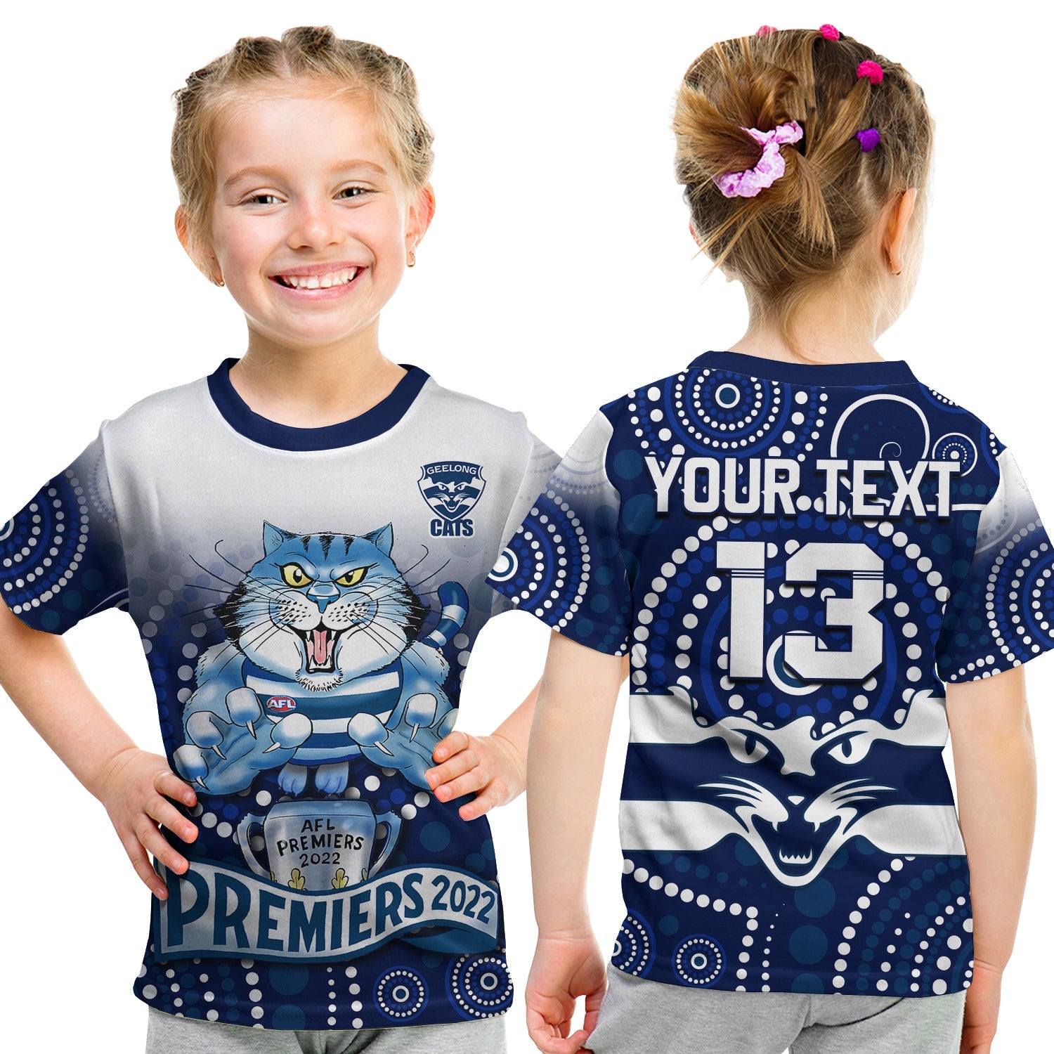 (Custom Text and Number) Cats Football T Shirt KID Aboriginal Australian Premiers 2022 Proud Geelong Cartoon - Vibe Hoodie Shop