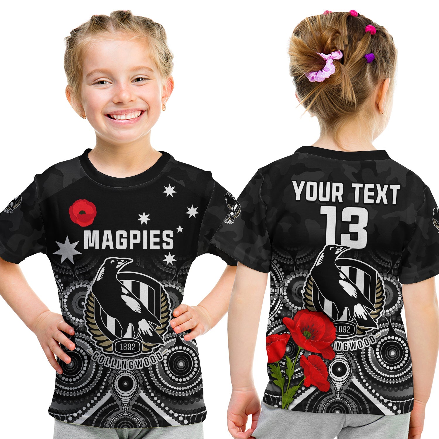 (Custom Text and Number) Magpies Football ANZAC Day T Shirt KID Aboriginal Poppy Flowers - Vibe Hoodie Shop