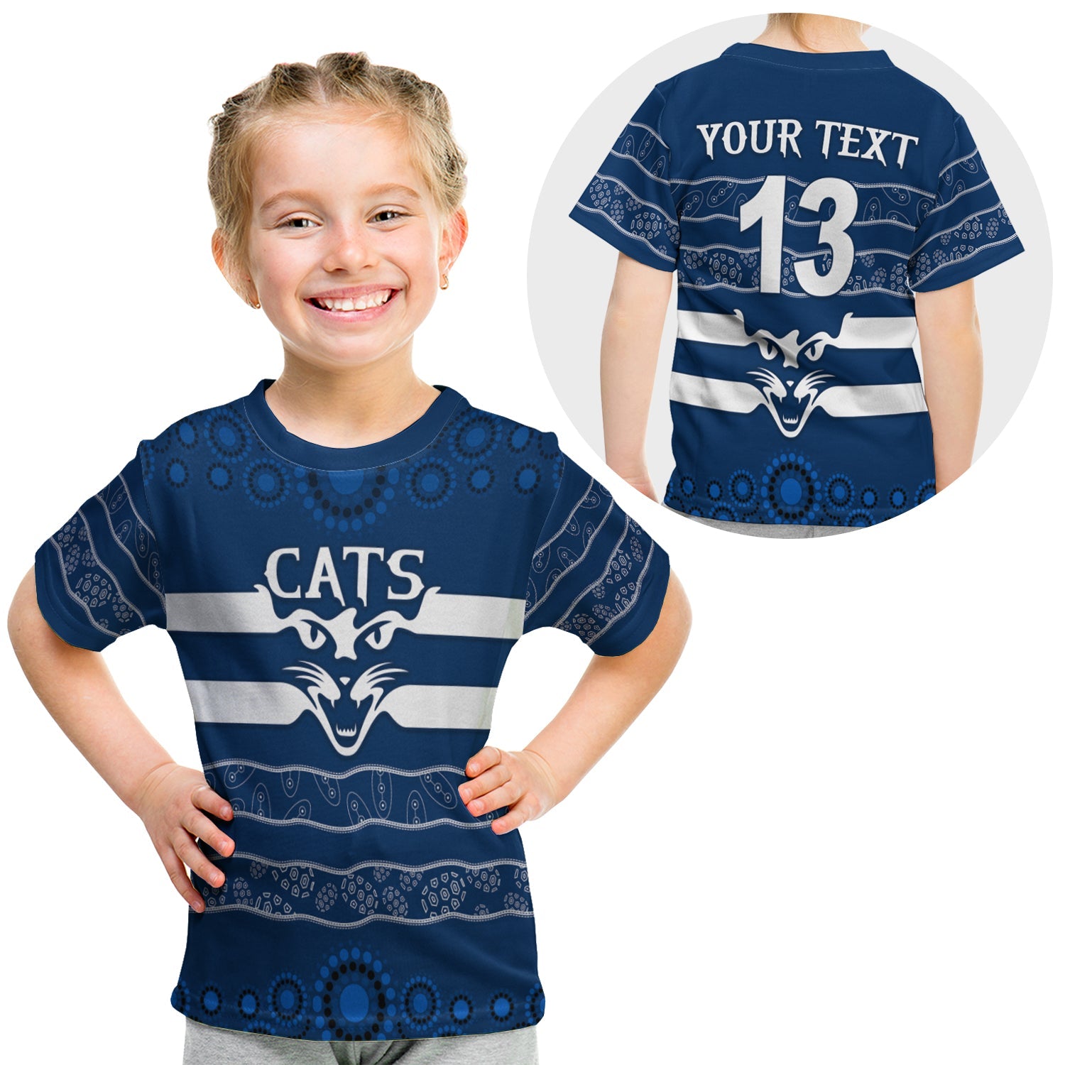 (Custom Personalised) Cats Indigenous T shirt KID Football Geelong - Custom Text and Number - Vibe Hoodie Shop