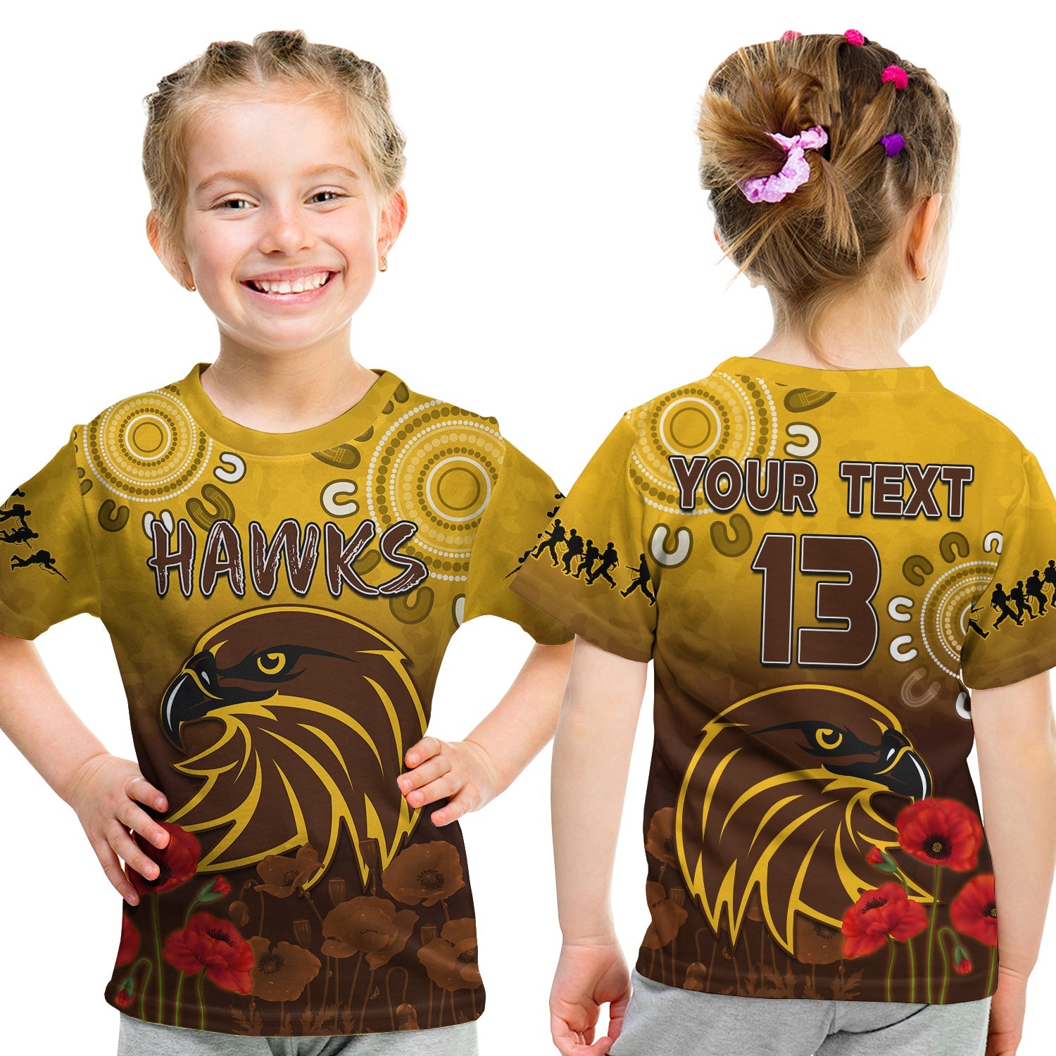 (Custom Text and Number) Hawks ANZAC 2022 T shirt KID Hawthorn Football Aboriginal Poppy - Vibe Hoodie Shop