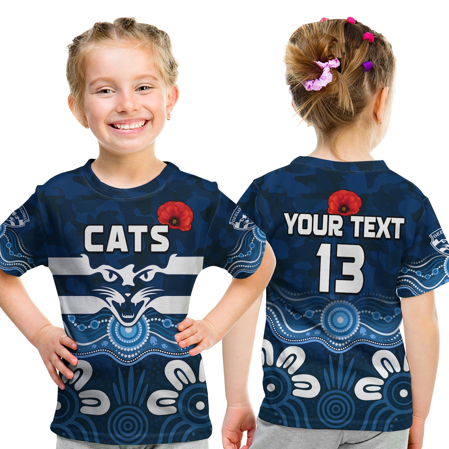 (Custom Text and Number) Cats ANZAC 2022 T shirt KID Geelong Football Aboriginal Poppy - Vibe Hoodie Shop