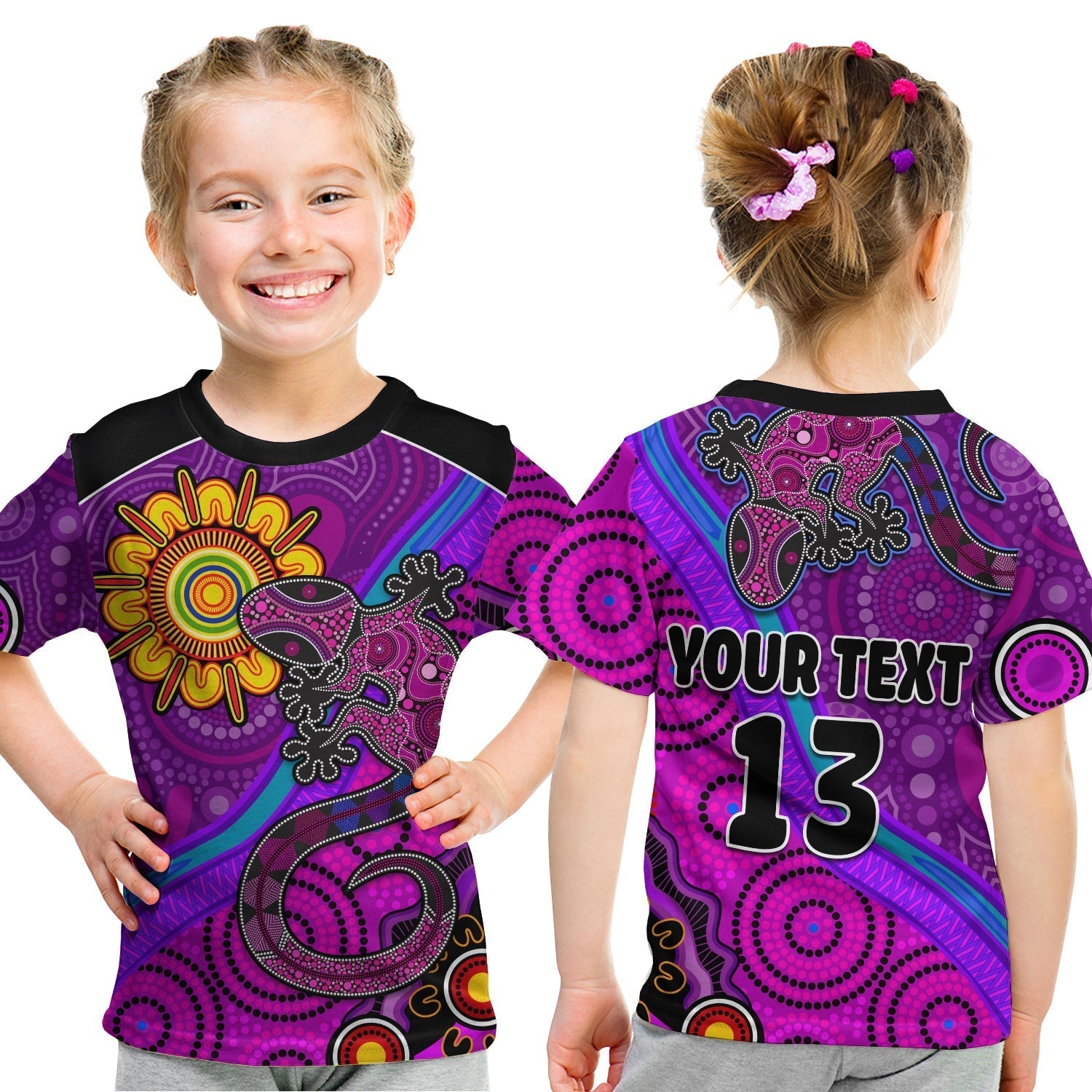 (Custom Text and Number) Australia Lizard and Sun T Shirt Aboriginal Art Purple - Vibe Hoodie Shop