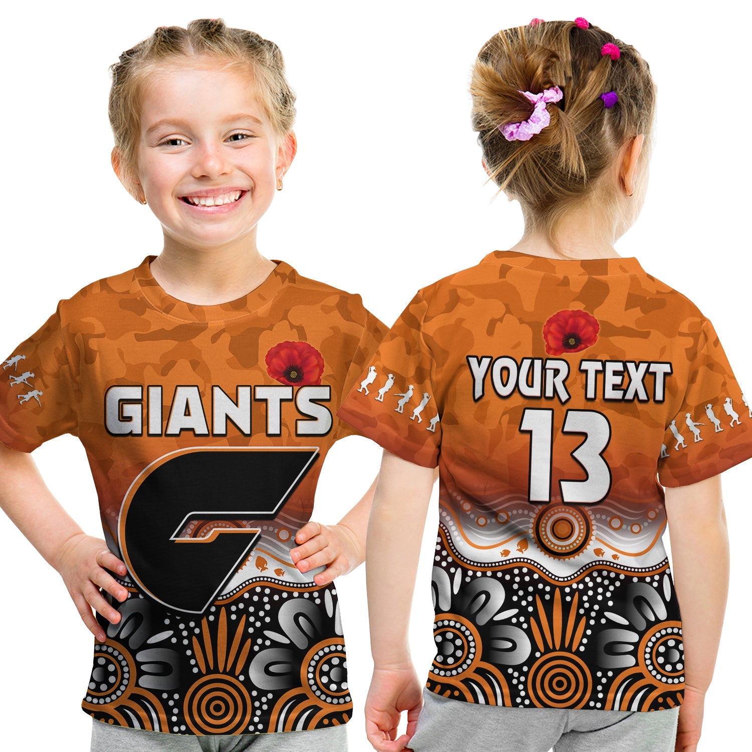 (Custom Text and Number) Giants ANZAC 2022 T shirt KID Greater Western Sydney GWS Aboriginal Poppy - Vibe Hoodie Shop