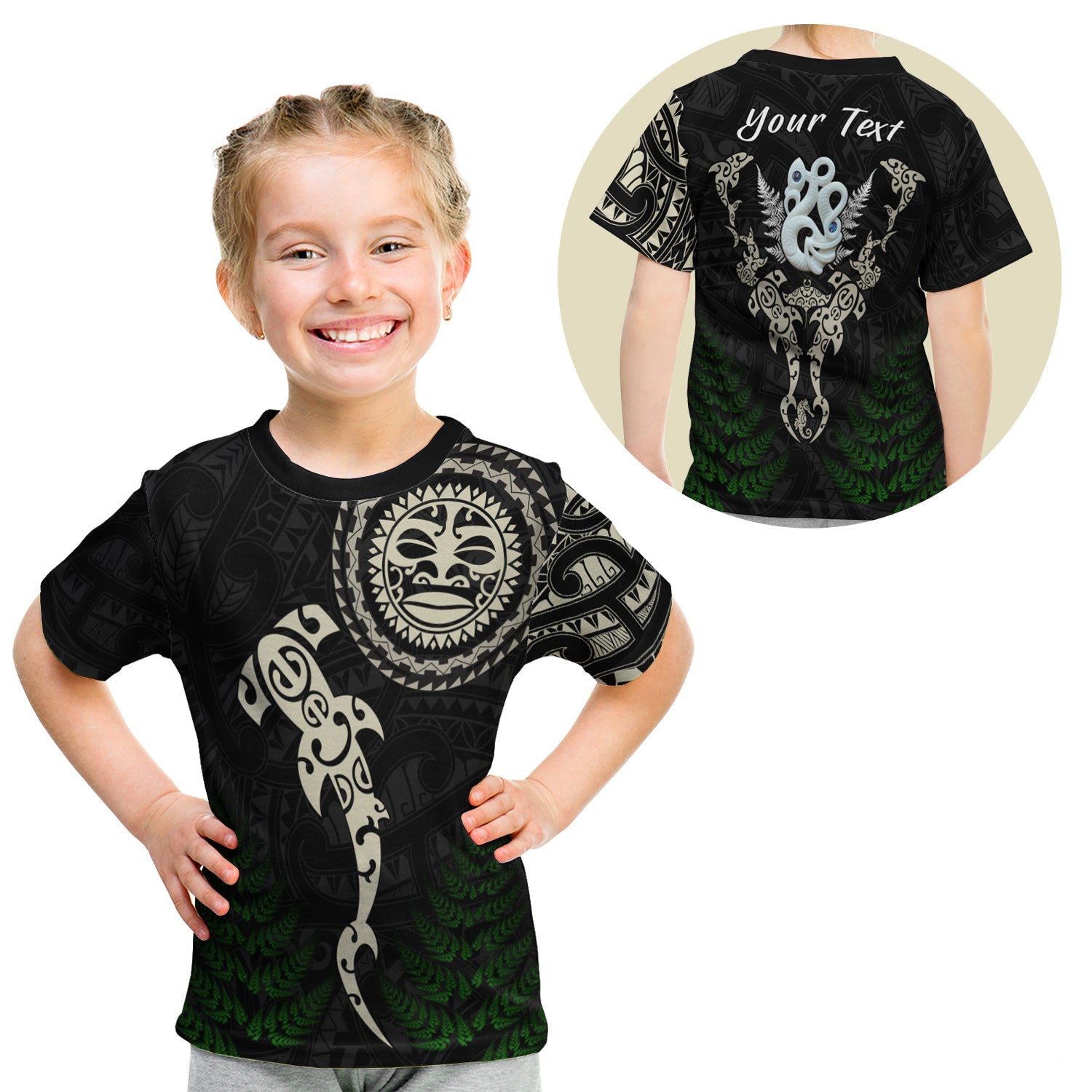 (Custom Personalised) Aotearoa Fern T shirt KID Maori Manaia and Fish - Vibe Hoodie Shop