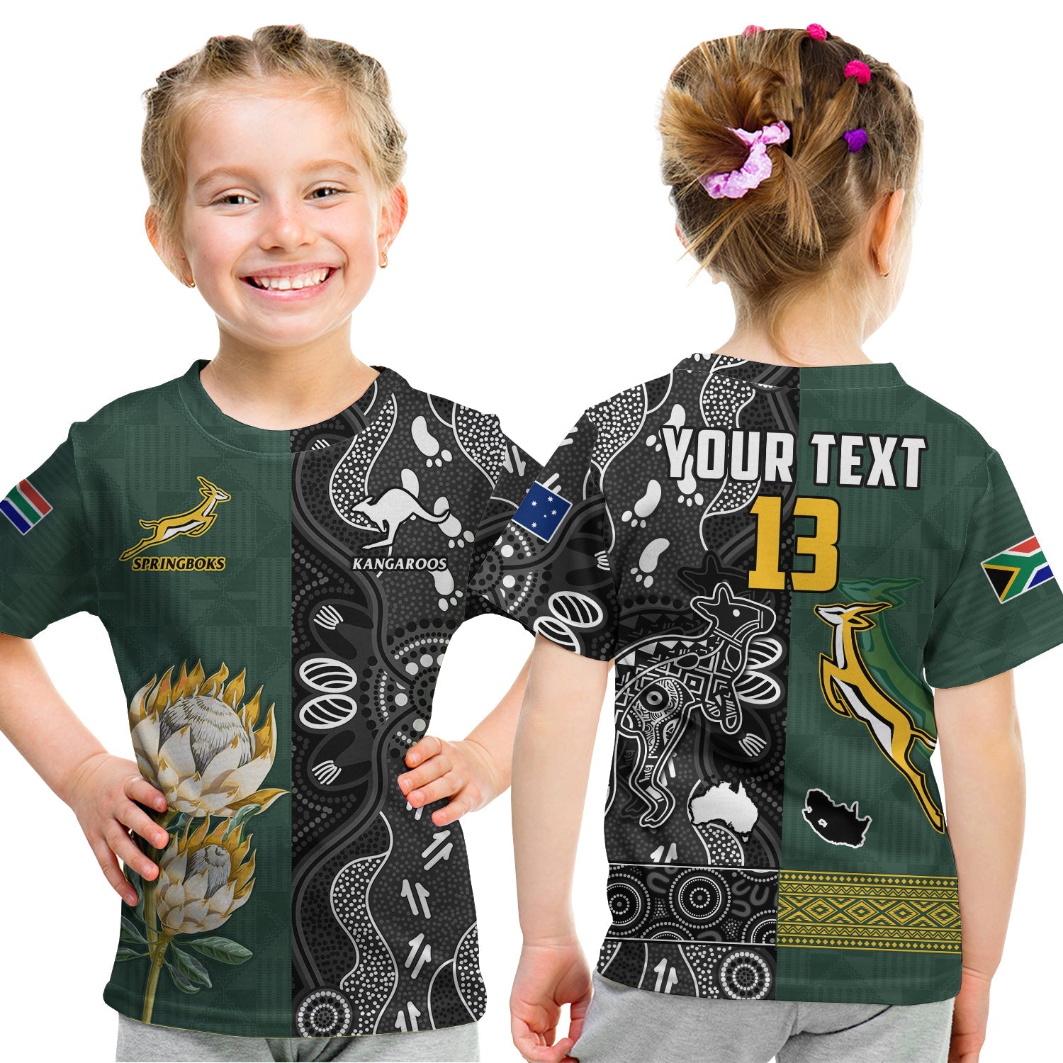 (Custom Text and Number) South Africa and Australia Rugby T Shirt KID Go Springboks vs Kangaroos - Vibe Hoodie Shop