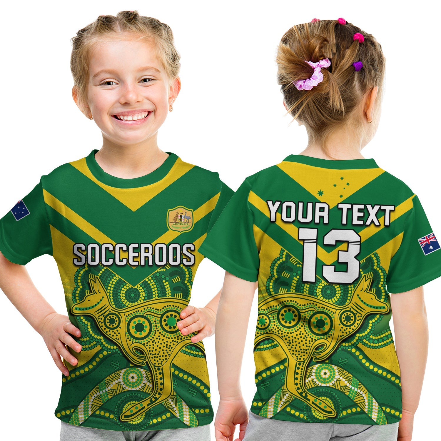 (Custom Text and Number) Australia Soccer T Shirt KID Champions Aboriginal Kangaroos World Cup Football Socceroos - Vibe Hoodie Shop