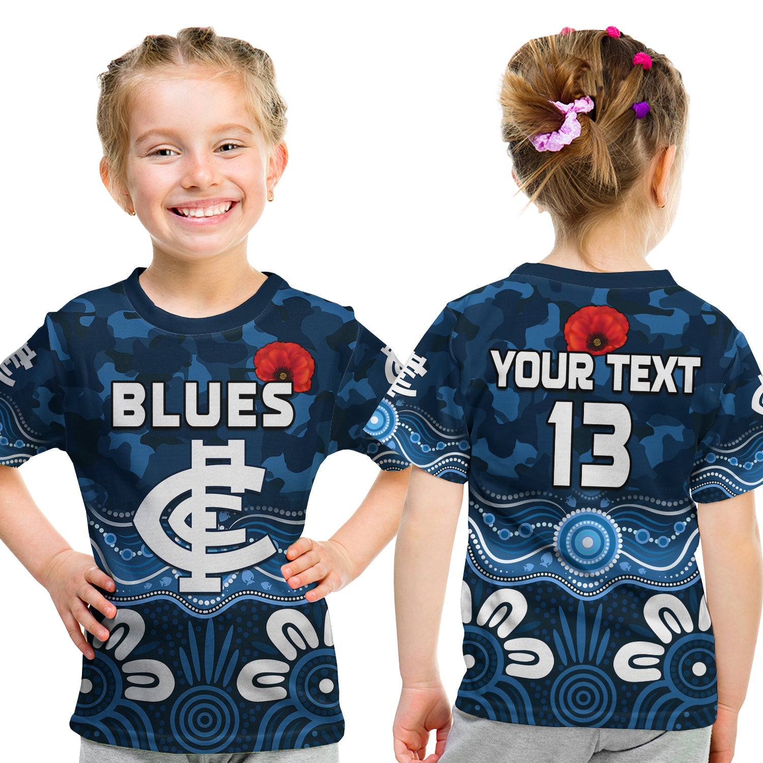 (Custom Text and Number) Blues ANZAC 2022 T shirt KID Carlton Football Aboriginal Poppy - Vibe Hoodie Shop