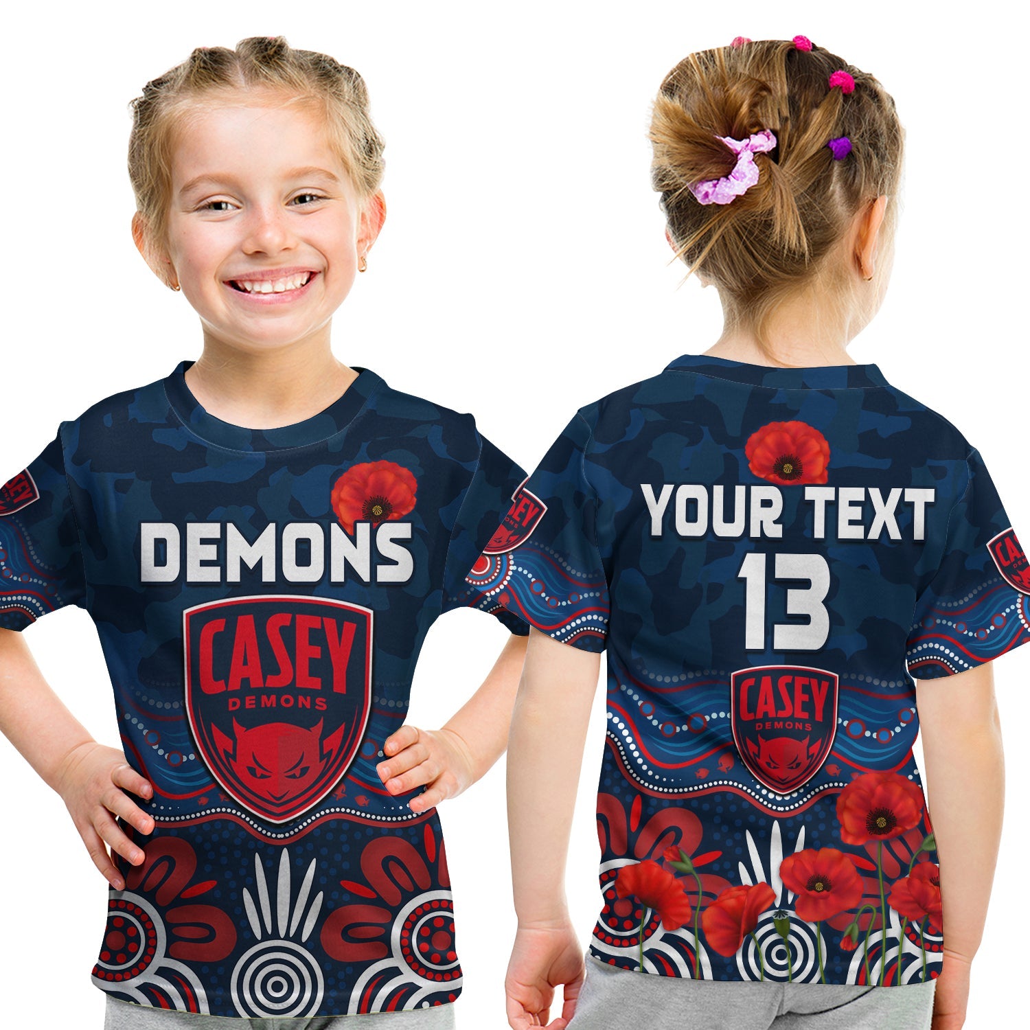 (Custom Text and Number) Demons ANZAC 2022 T shirt KID Casey Football Aboriginal Poppy - Vibe Hoodie Shop