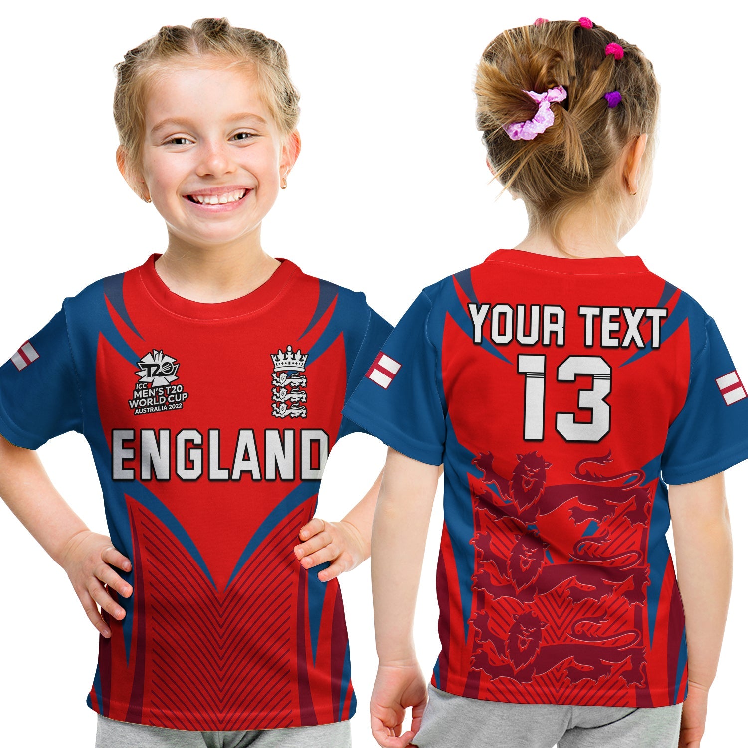 (Custom Text and Number) England Cricket T Shirt KID T20 World Cup Three Red Lions - Vibe Hoodie Shop