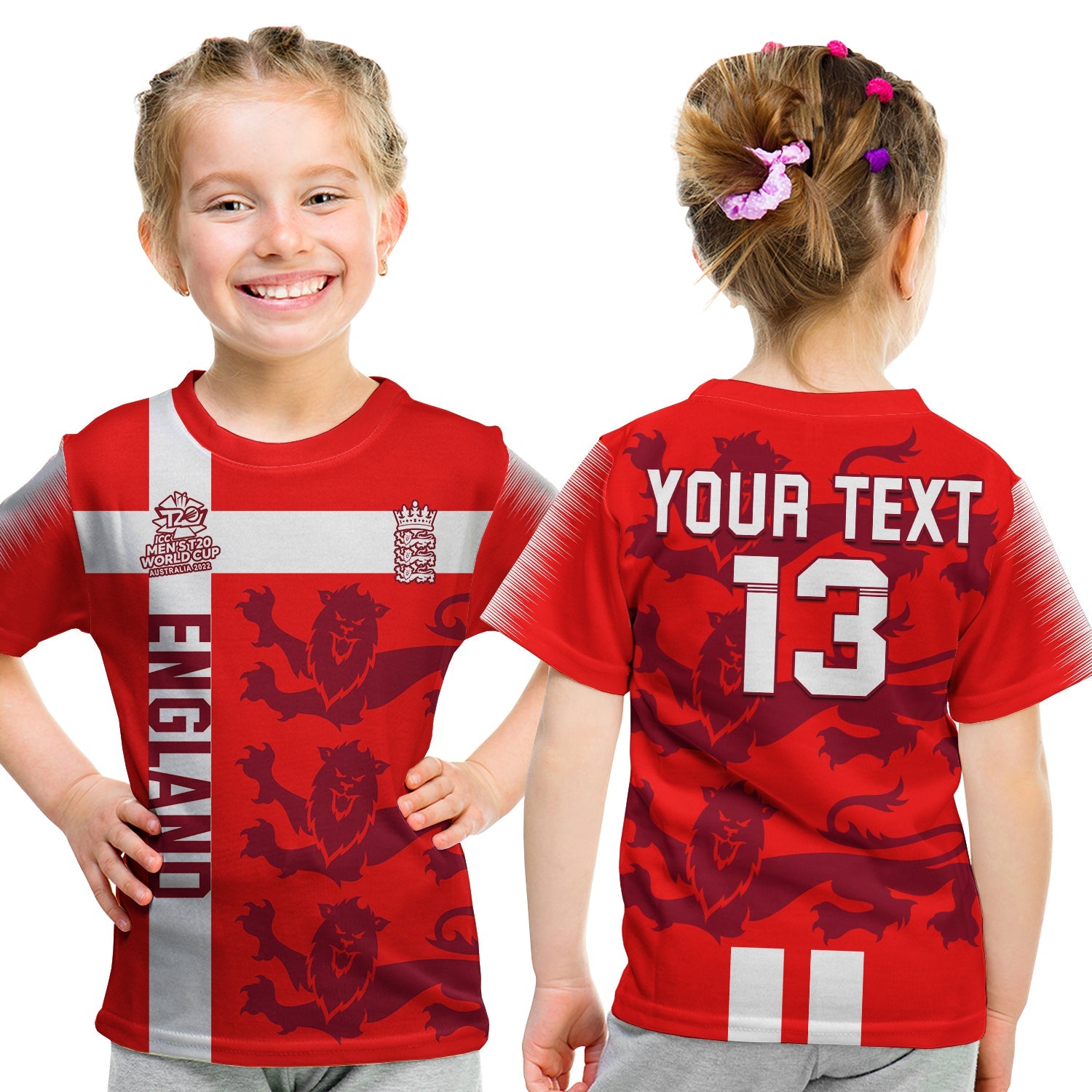 (Custom Text and Number) England Cricket T Shirt KID Lions Champions T20 World Cup - Vibe Hoodie Shop