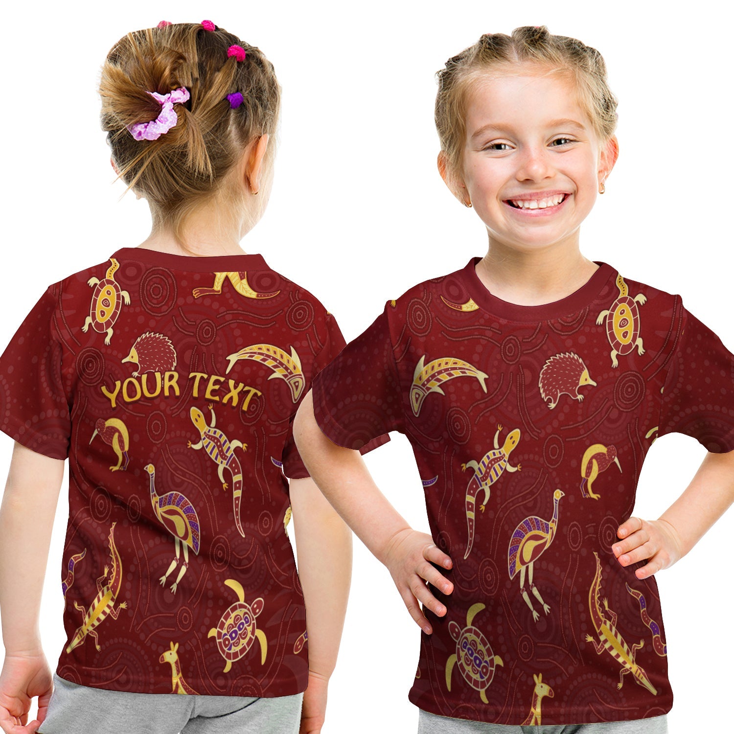 (Custom Personalised) Aboriginal Art T shirt KID Animals Australia Version Maroon - Vibe Hoodie Shop