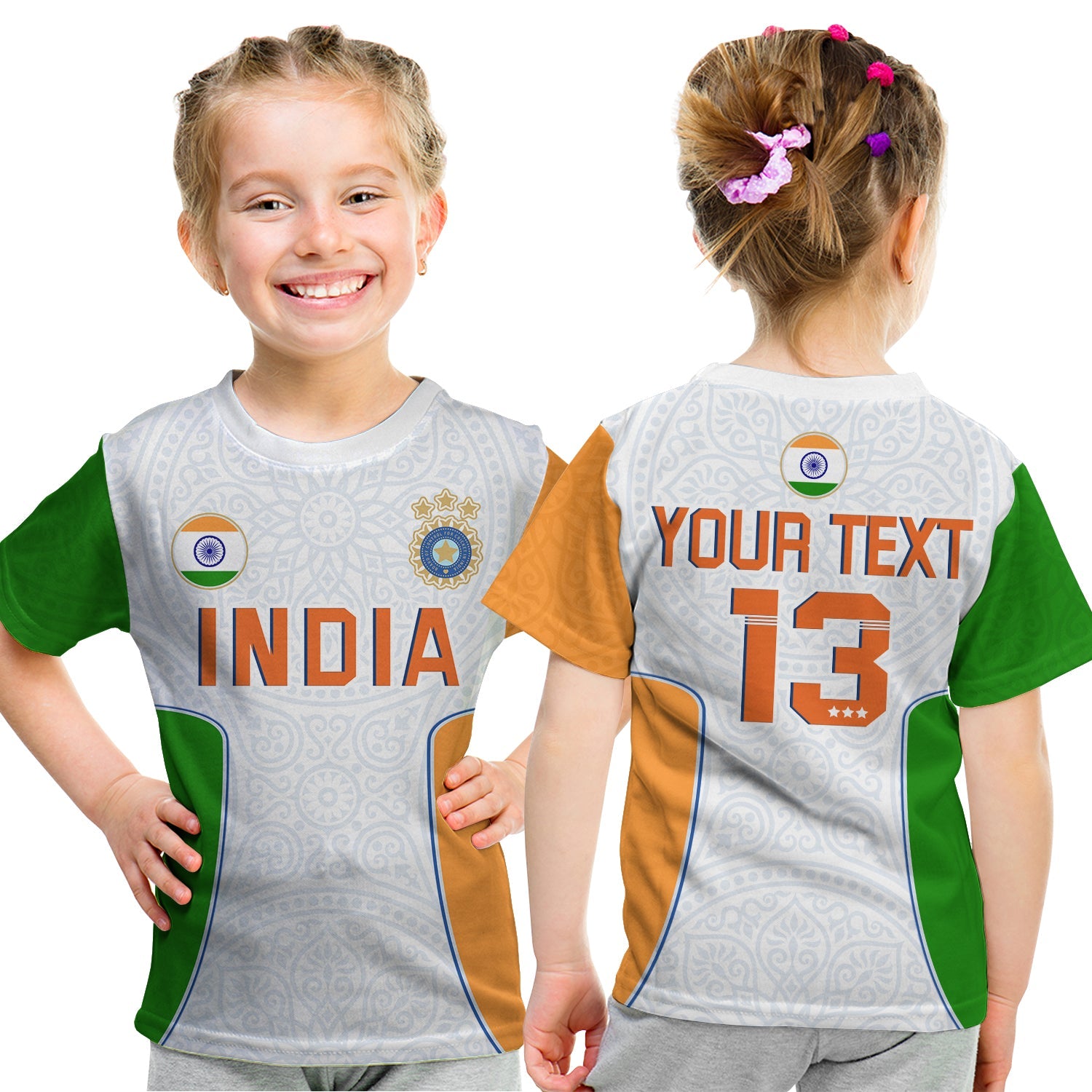 (Custom Text and Number) India Cricket T Shirt KID Champions Indian Sun Pattern Style Flag - Vibe Hoodie Shop