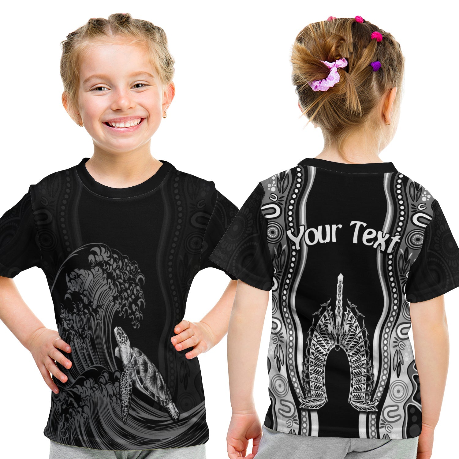 (Custom Personalised) Torres Strait Islands T shirt KID The Dhari Mix Aboriginal Turtle Version Black - Vibe Hoodie Shop