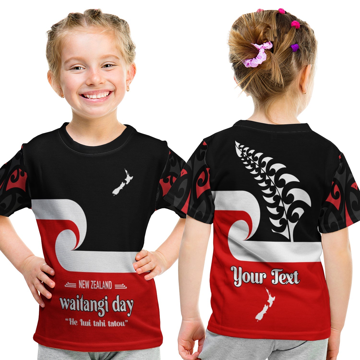 (Custom Personalised) Waitangi Day T shirt KID Maori Fern and Tino Rangatiratanga Flag - Vibe Hoodie Shop