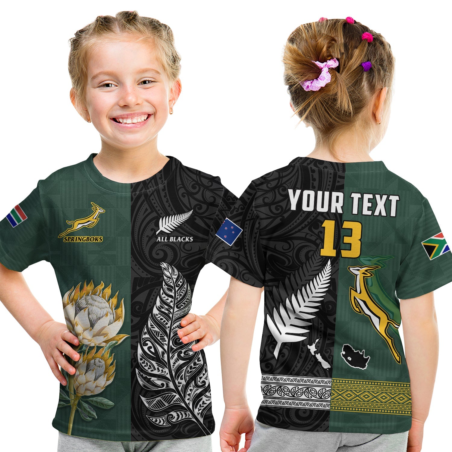 (Custom Text and Number) South Africa Protea and New Zealand Fern T Shirt KID Rugby Go Springboks vs All Black - Vibe Hoodie Shop