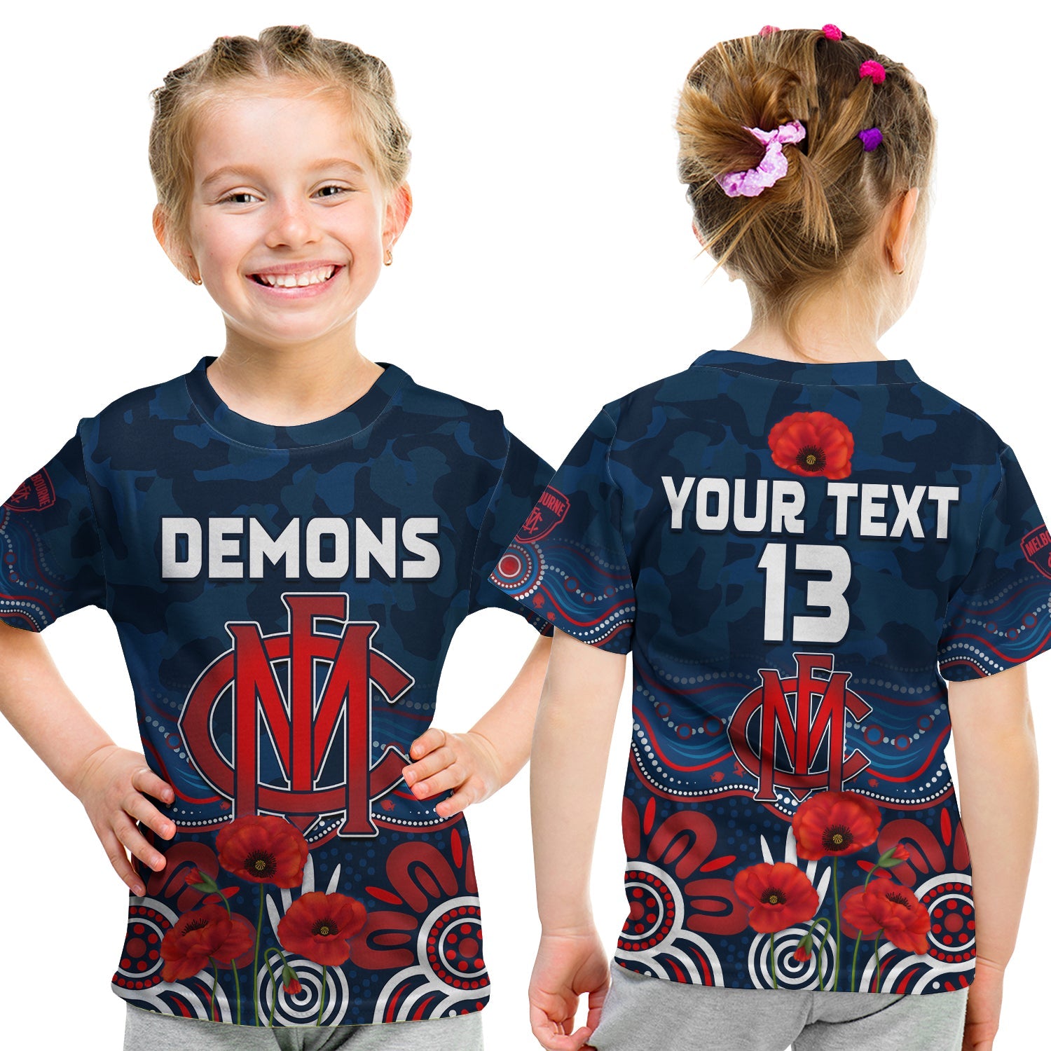 (Custom Text and Number) Demons ANZAC 2022 T shirt KID Melbourne Football Aboriginal Poppy - Vibe Hoodie Shop