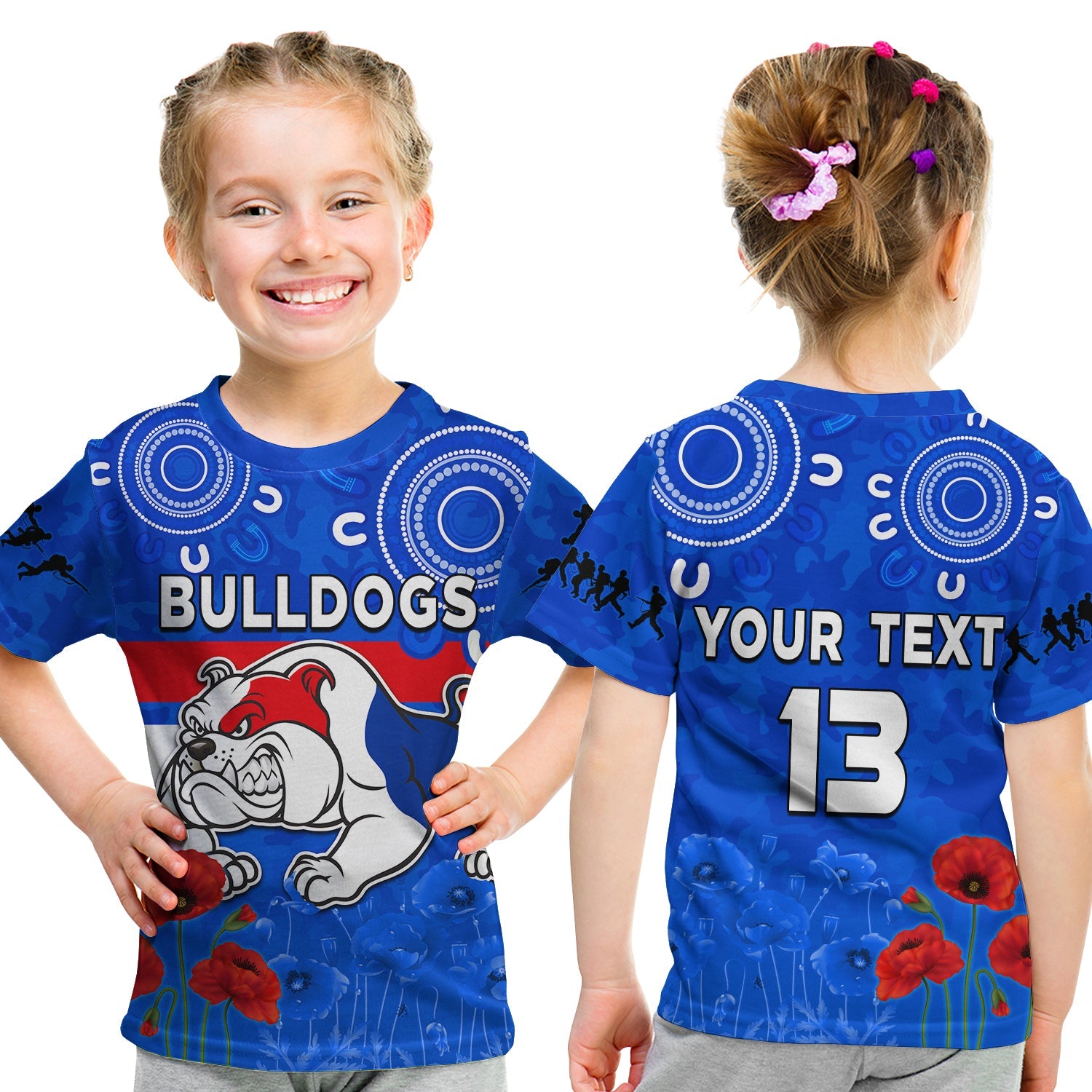 (Custom Text and Number) Bulldogs ANZAC 2022 T shirt KID Western Dogs Aboriginal Poppy - Vibe Hoodie Shop