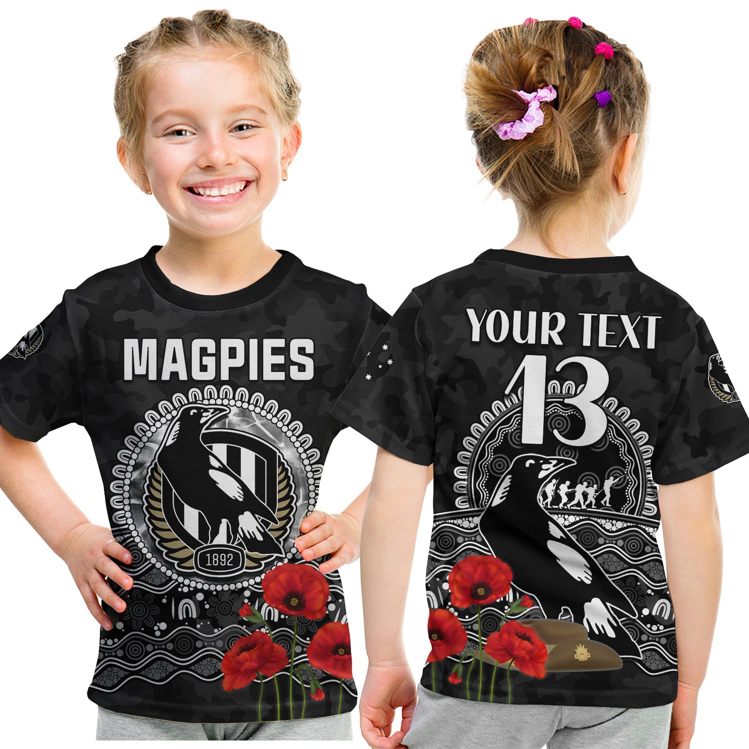 (Custom Text and Number) Magpies Football ANZAC Day T Shirt KID Speical Poppy mix Aboriginal - Vibe Hoodie Shop