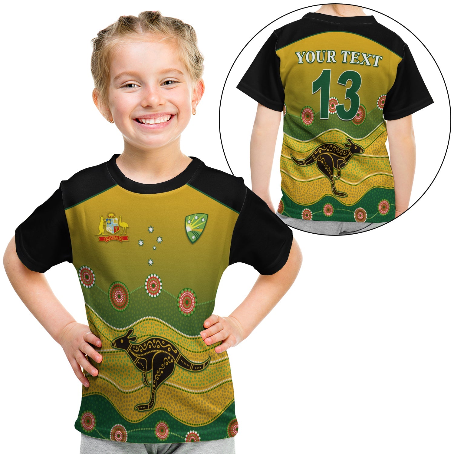 (Custom Personalised) Cricket Australia T shirt KID Indigenous Kangaroo - Custom Text and Number - Vibe Hoodie Shop