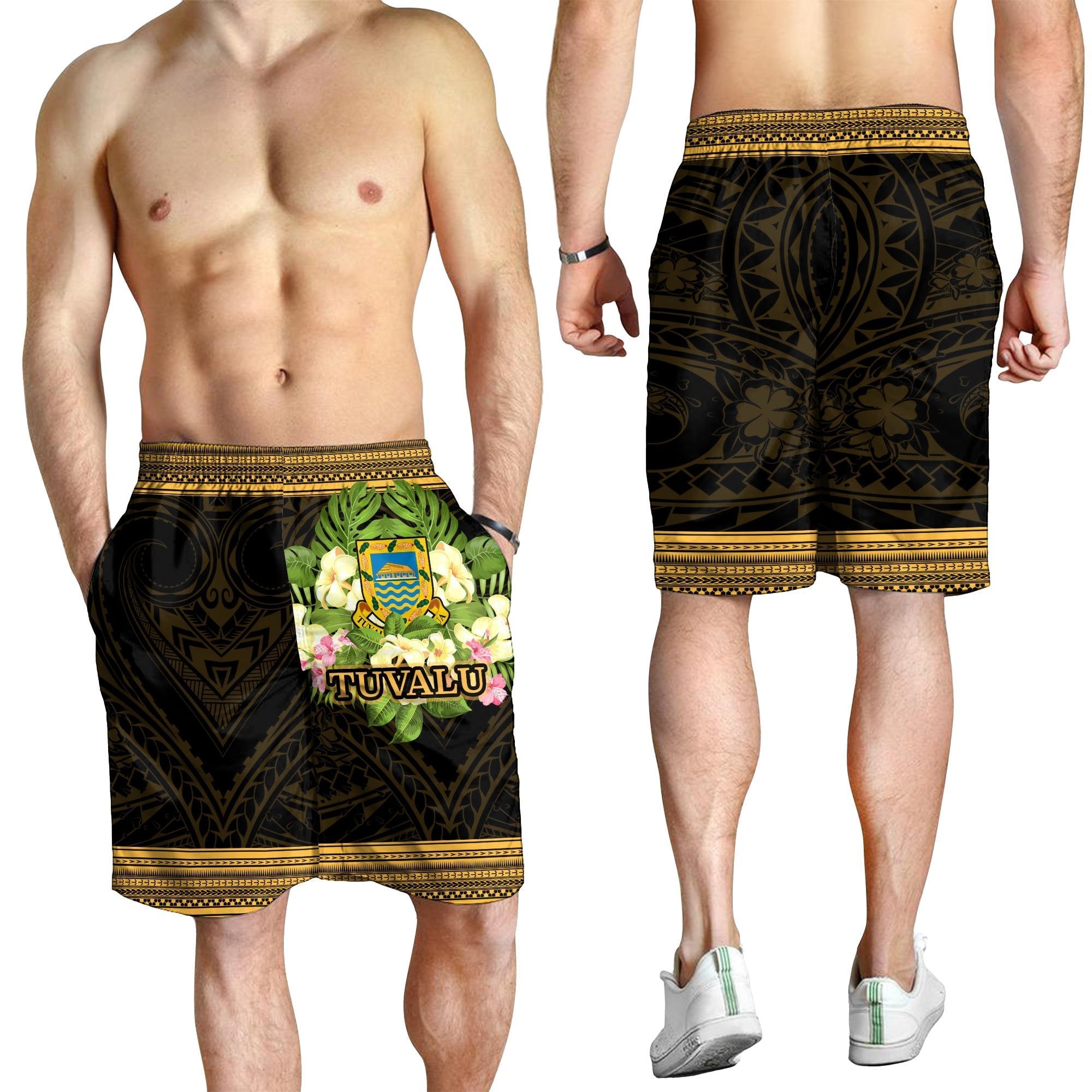 Tuvalu Men's Shorts - Polynesian Gold Patterns Collection - Vibe Hoodie Shop