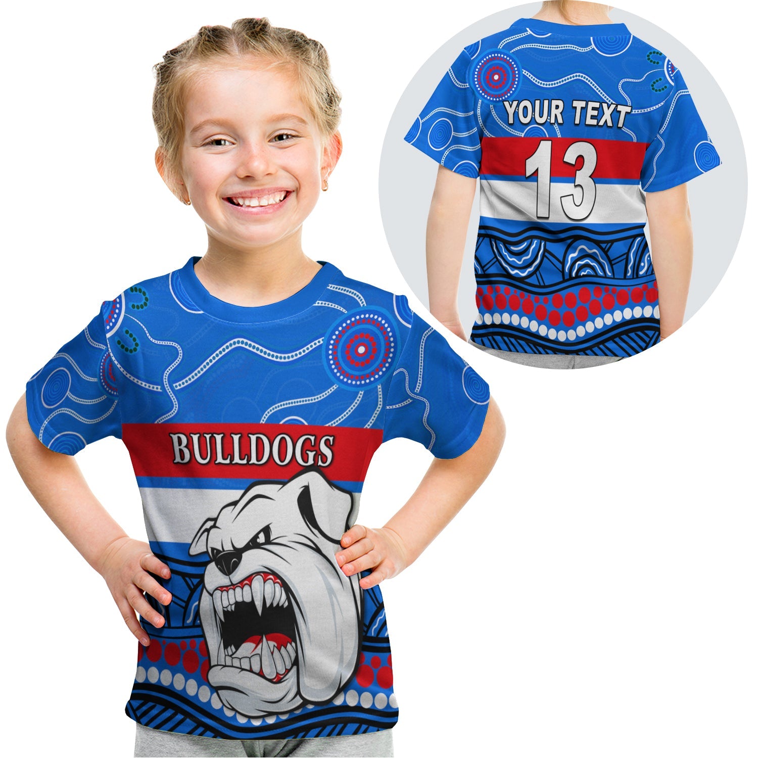 (Custom Personalised) Bulldogs Indigenous T shirt KID Western Football - Custom Text and Number - Vibe Hoodie Shop