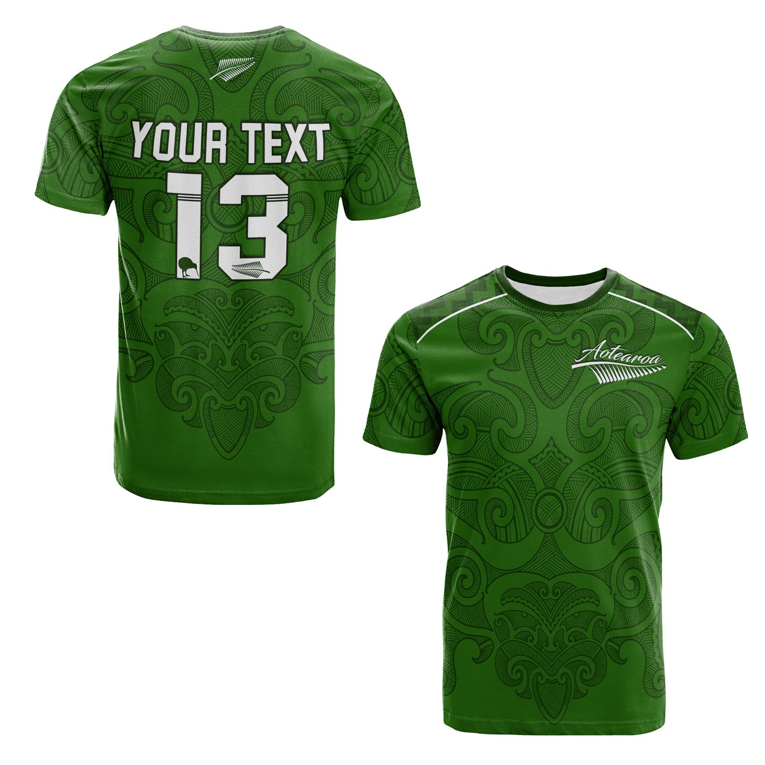 (Custom Personalised) Maori 2021 T shirt - Green Aotearoa Tattoo - Custom Text and Number - Vibe Hoodie Shop