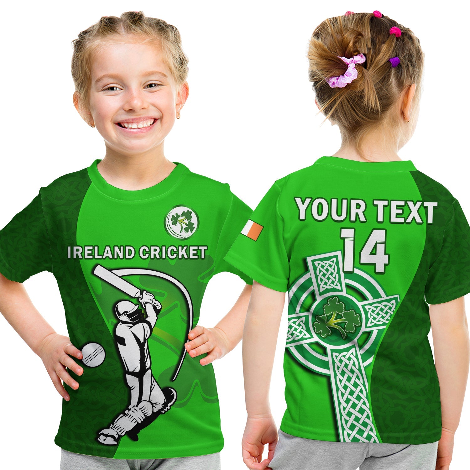 (Custom Text And Number) Ireland Cricket T Shirt KID Irish Flag Celtic Cross Sporty Style - Vibe Hoodie Shop