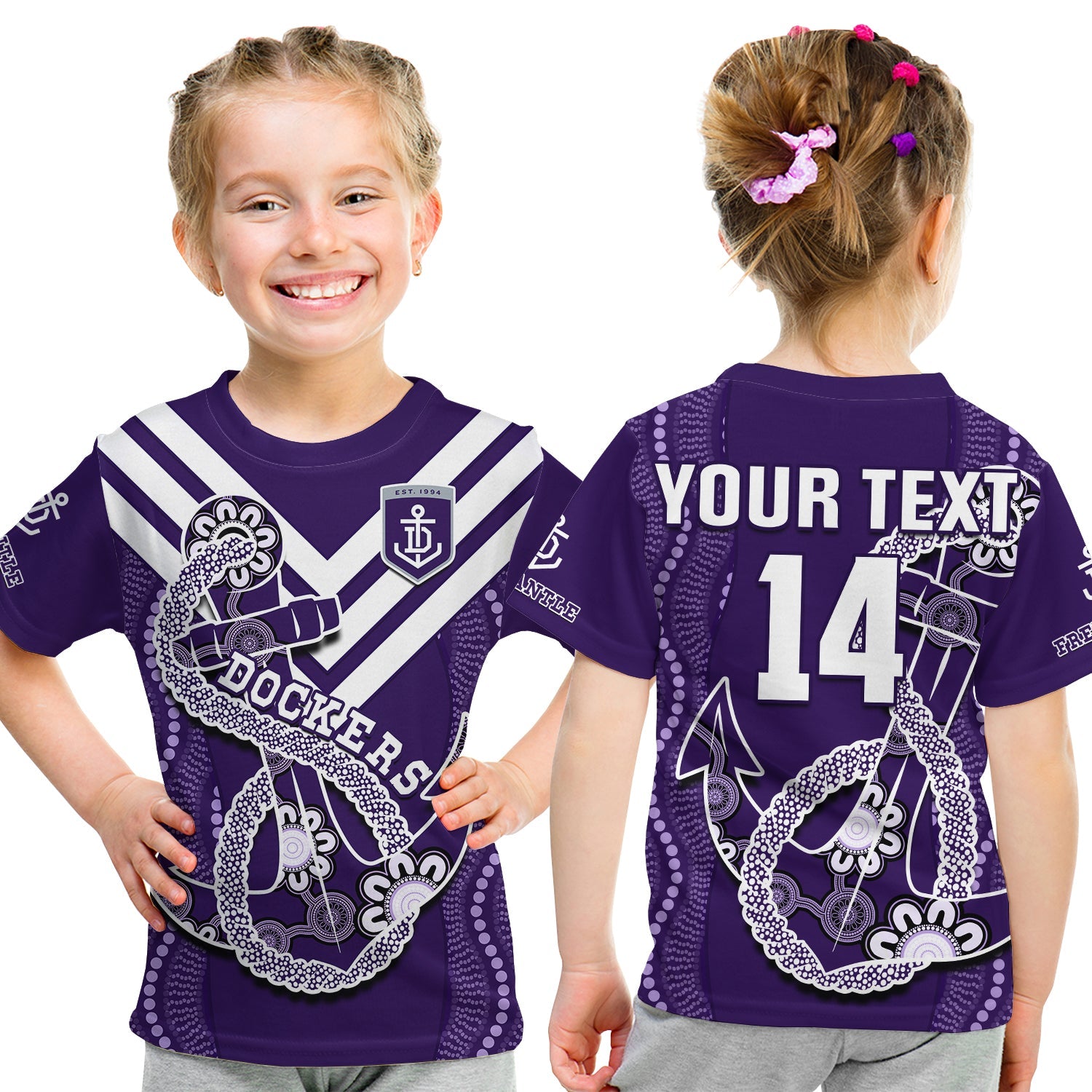 (Custom Text And Number) Dockers Football T Shirt KID Fremantle Anchor Mix Aboriginal Pattern Dynamic Style - Vibe Hoodie Shop