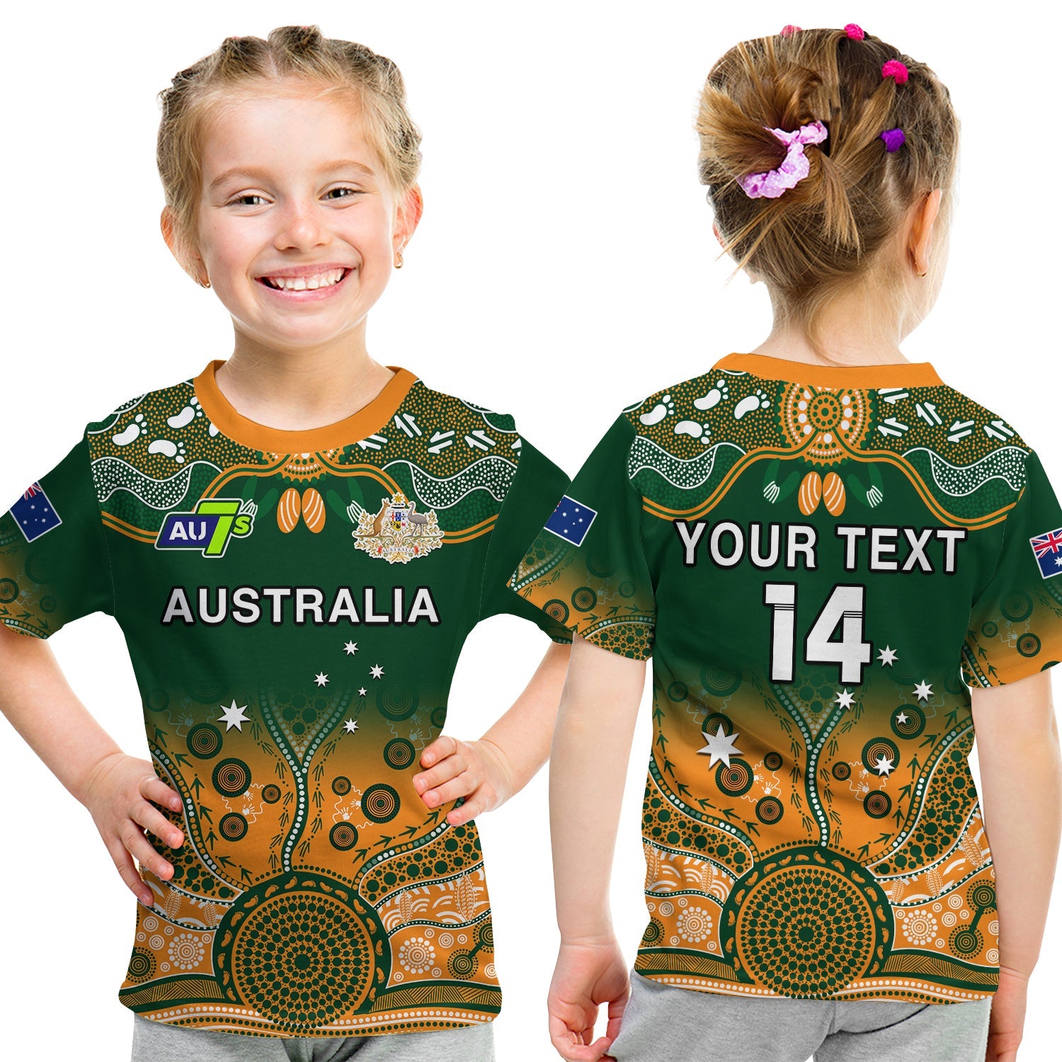 (Custom Text And Number) Australia Rugby T Shirt KID Aussie Sevens Green Indigenous - Vibe Hoodie Shop