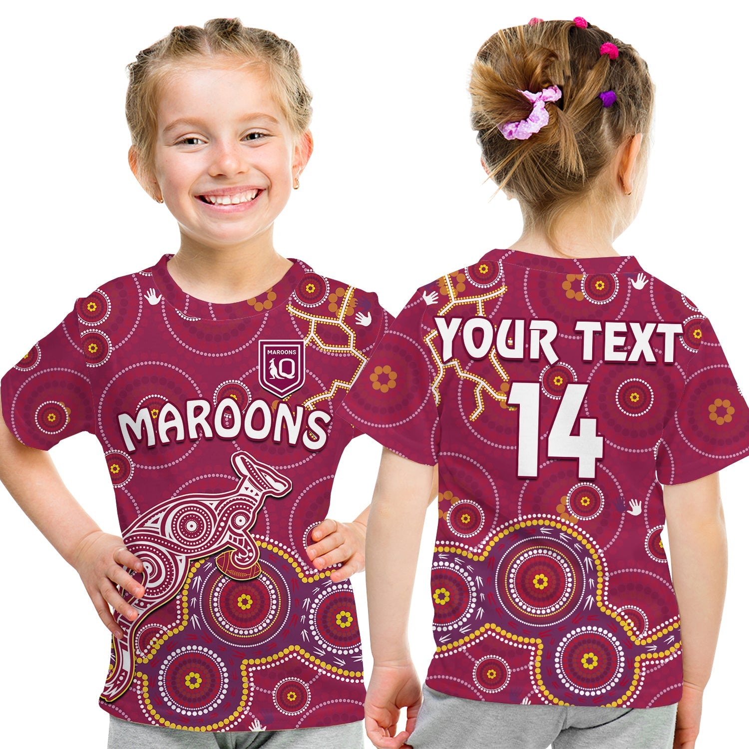 (Custom Text And Number) Maroons Rugby T Shirt KID Kangaroo Indigenous Pattern Unique Version - Vibe Hoodie Shop