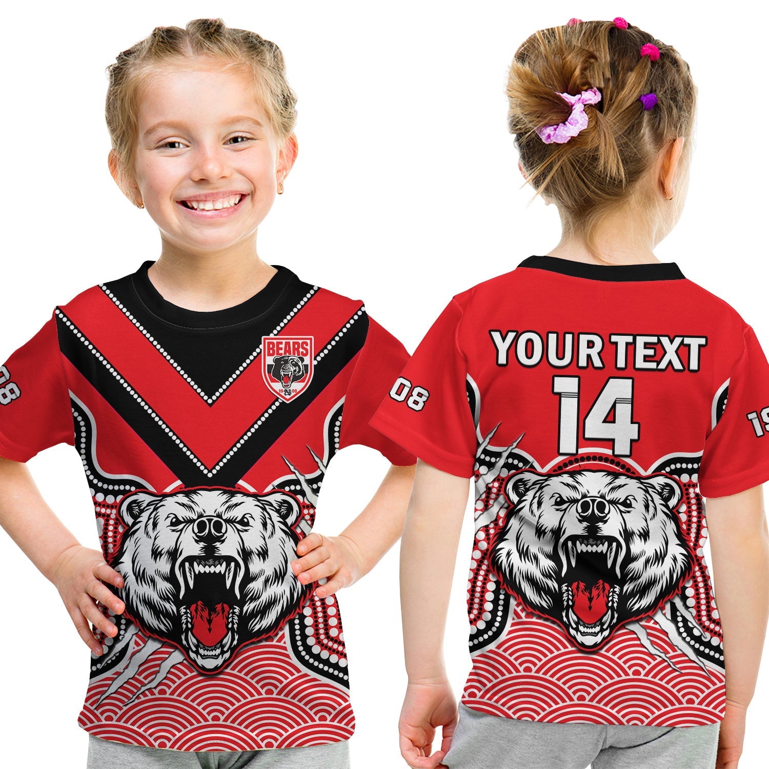 (Custom Text And Number) North Sydney Rugby T Shirt KID Bears 1908 Indigenous Pattern - Vibe Hoodie Shop