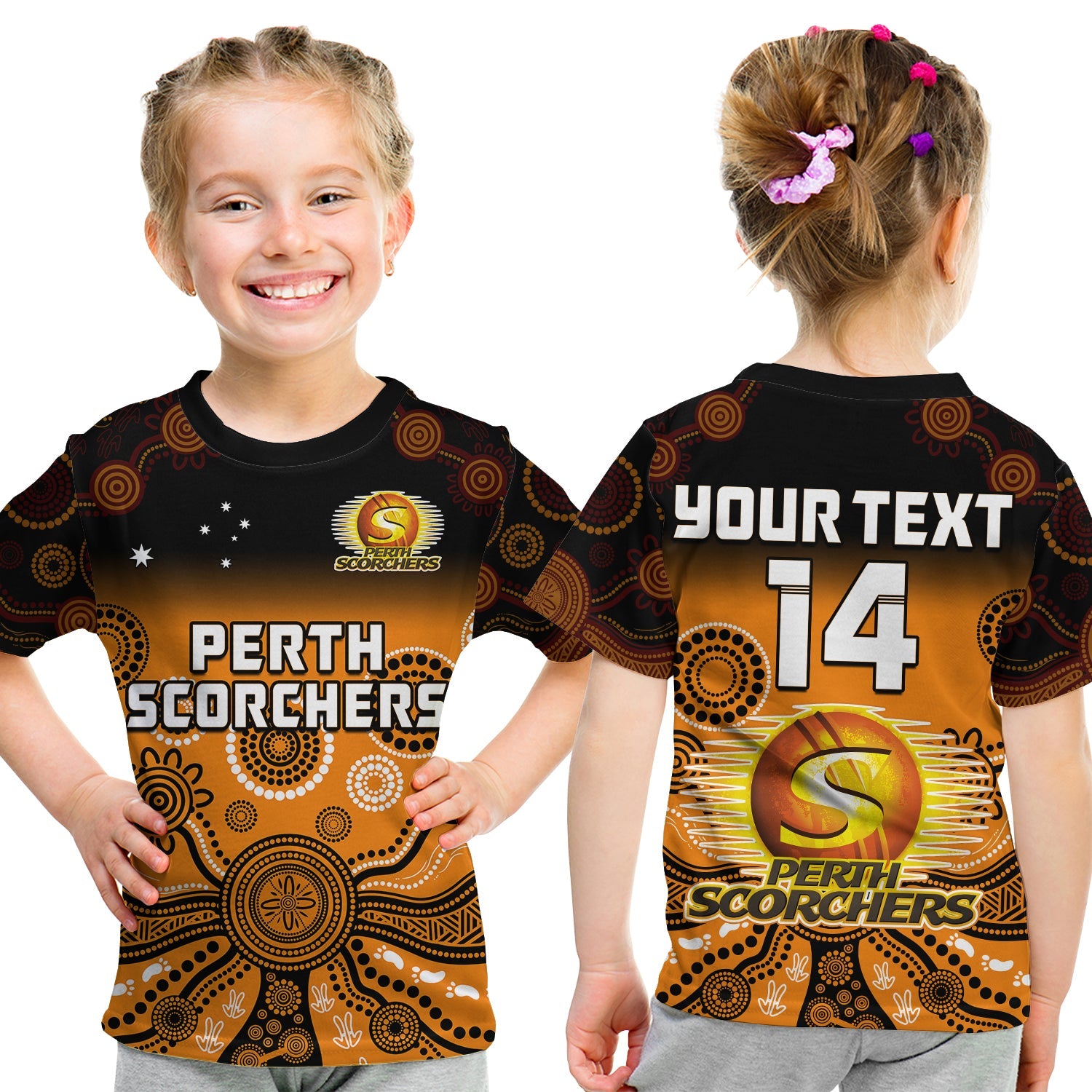 (Custom Text And Number) Perth Scorchers T Shirt Gradient Aboriginal Dot Painting - Vibe Hoodie Shop