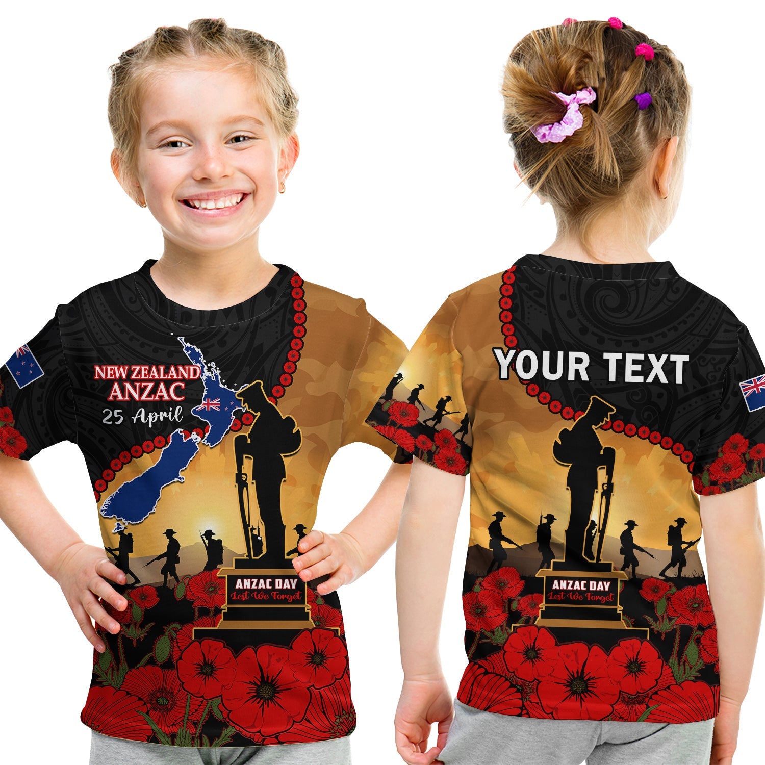 (Custom Personalised) New Zealand Anzac T Shirt KID Maori Camouflage Mix Poppies We Will Remember Them - Vibe Hoodie Shop