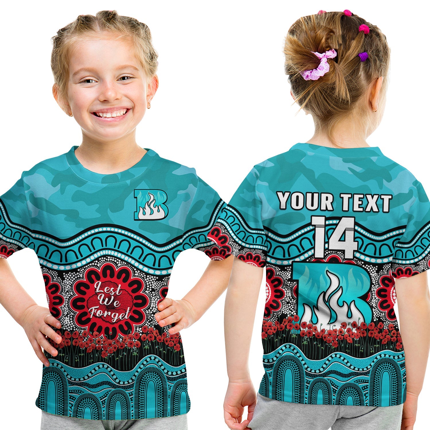 (Custom Text And Number) Brisbane Heat Cricket ANZAC T Shirt KID Poppy Aboriginal Camouflage - Vibe Hoodie Shop