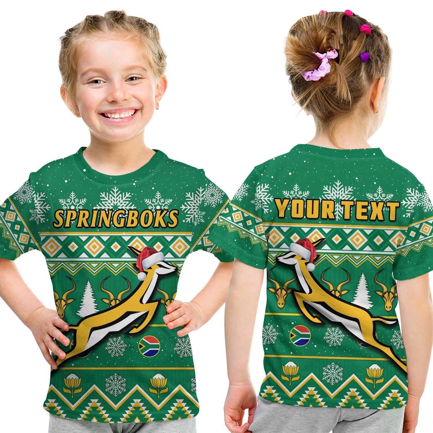 (Custom Personalised) South Africa Rugby Christmas T Shirt KID Springboks Geseende Kersfees - Vibe Hoodie Shop