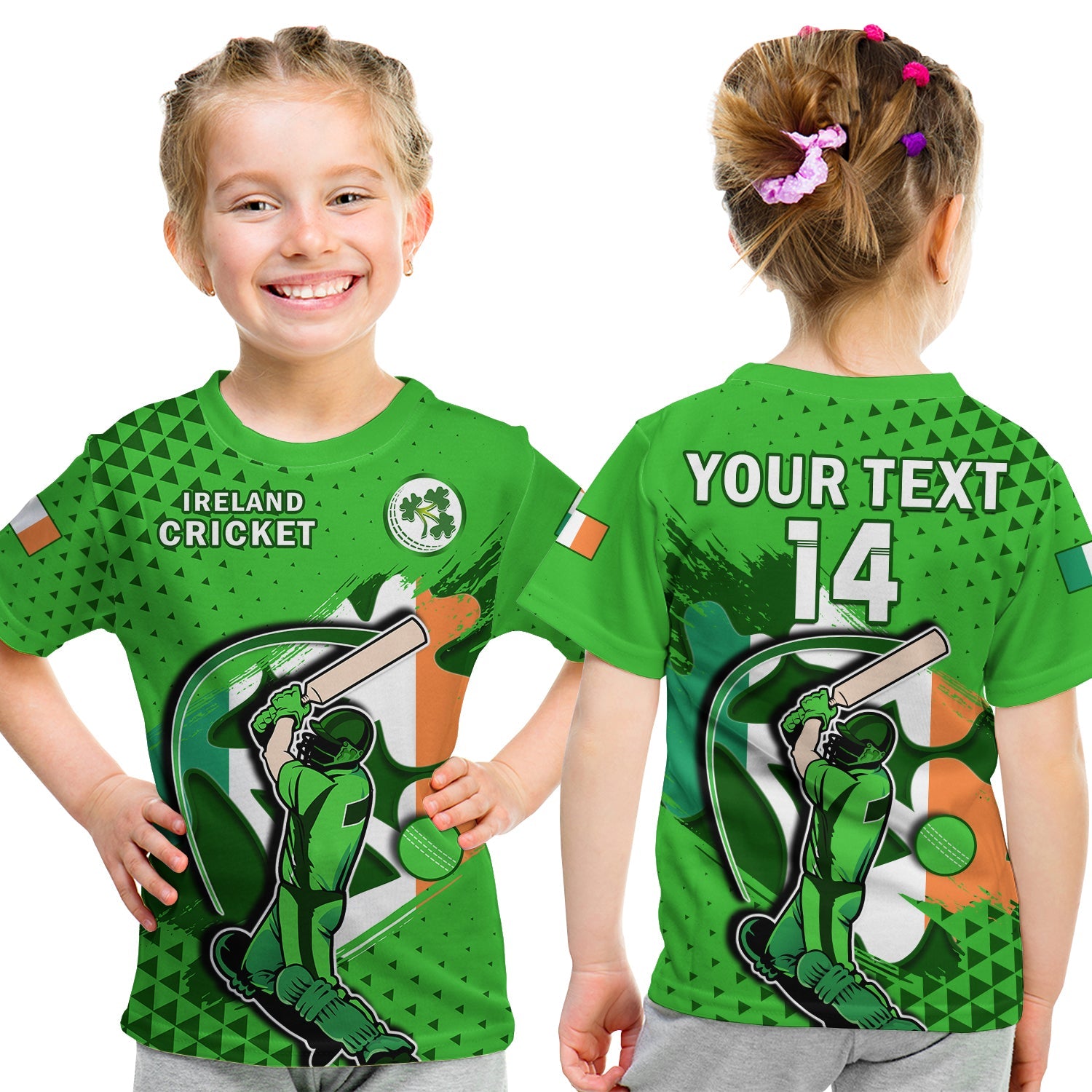 (Custom Text And Number) Ireland Cricket T Shirt KID Irish Flag Shamrock Sporty Style - Vibe Hoodie Shop