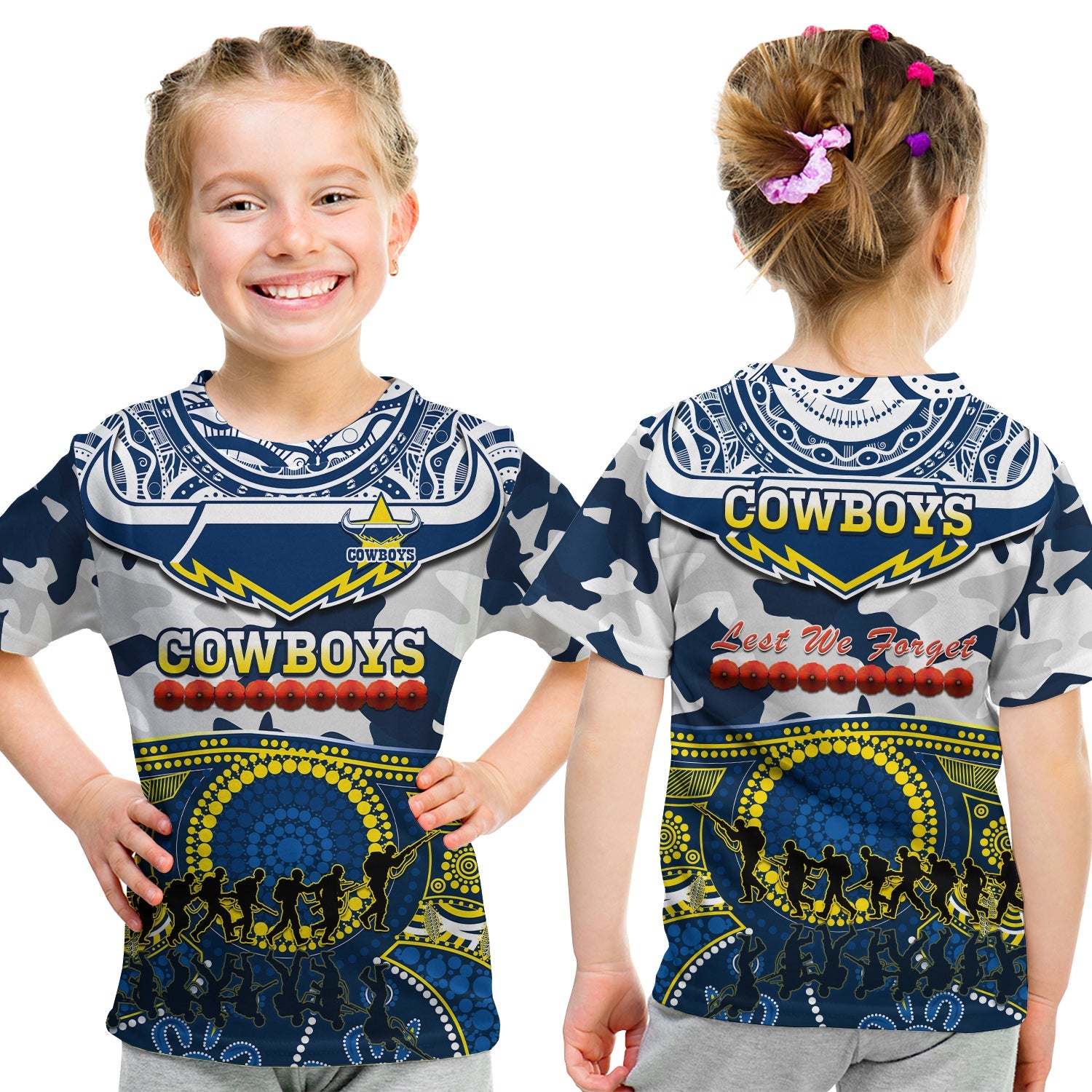 (Custom Text And Number) Cowboys Rugby ANZAC T Shirt KID Indigenous Poppy Mix Camouflage - Vibe Hoodie Shop